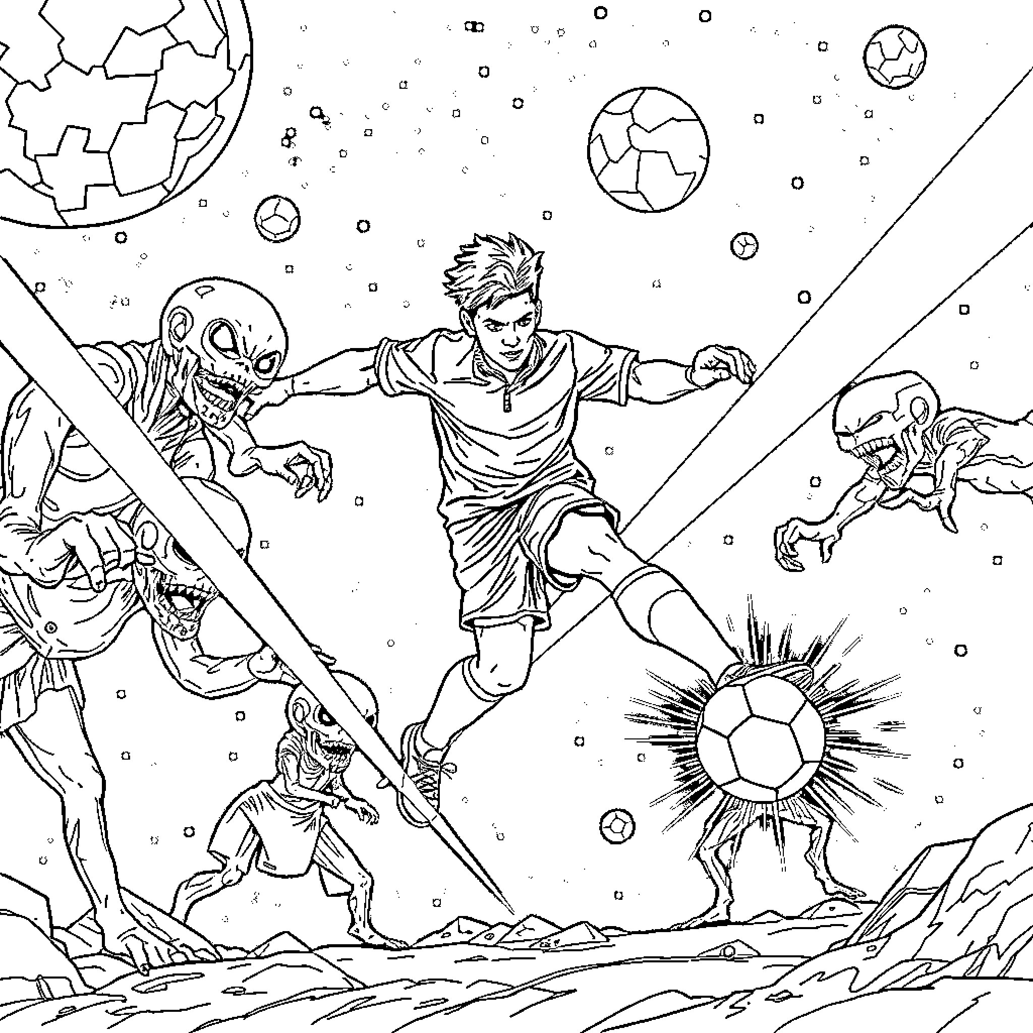 Soccer Player Fighting Alien Opponents in Outer Space Coloring Page (free black-and-white line drawing printable PDF for all, from beginners to advanced learners, including children, teens, adults, and seniors)
