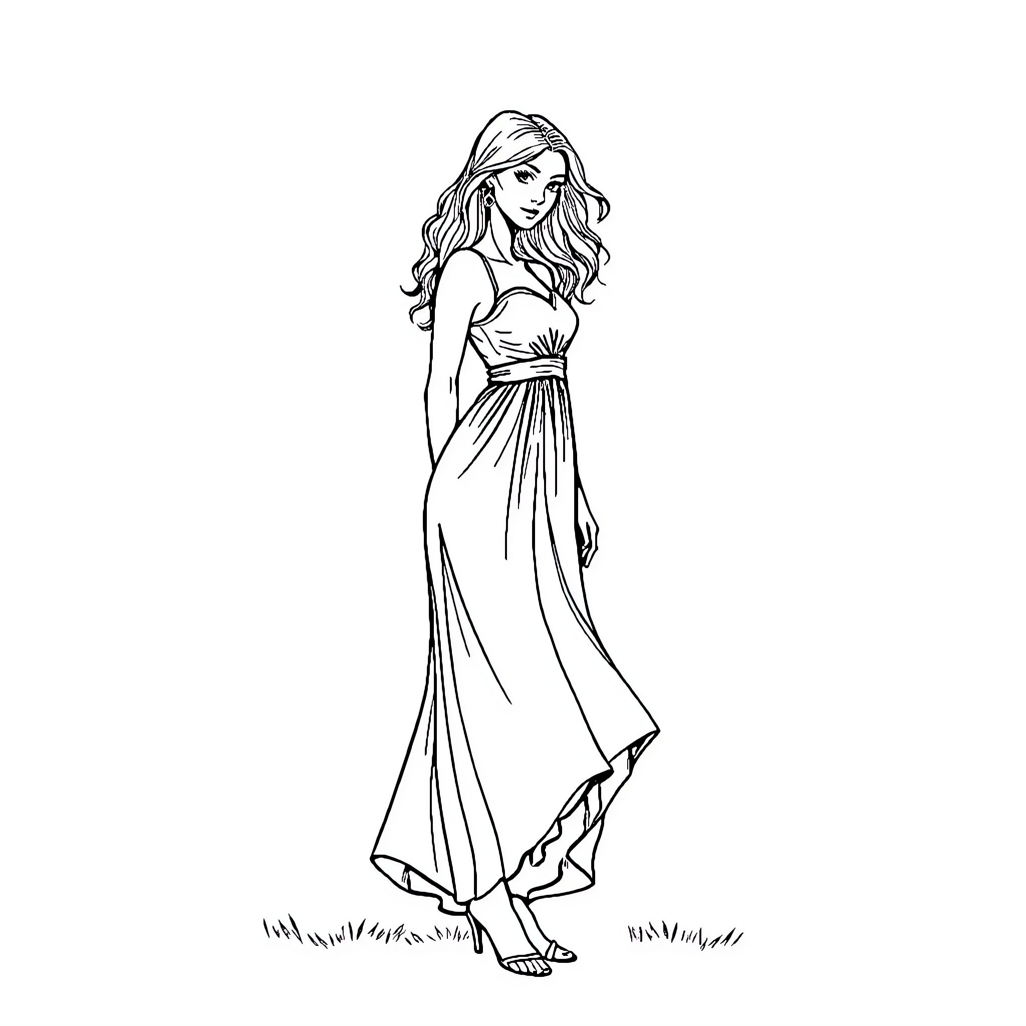 Woman in elegant long dress walking gracefully Coloring Page (free black-and-white line drawing printable PDF for all, from beginners to advanced learners, including children, teens, adults, and seniors)