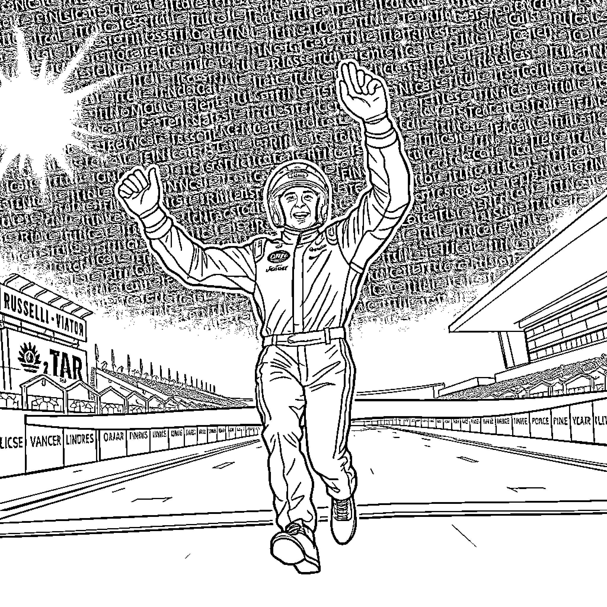 George Russell celebrating victory on race track Coloring Page (free black-and-white line drawing printable PDF for all, from beginners to advanced learners, including children, teens, adults, and seniors)
