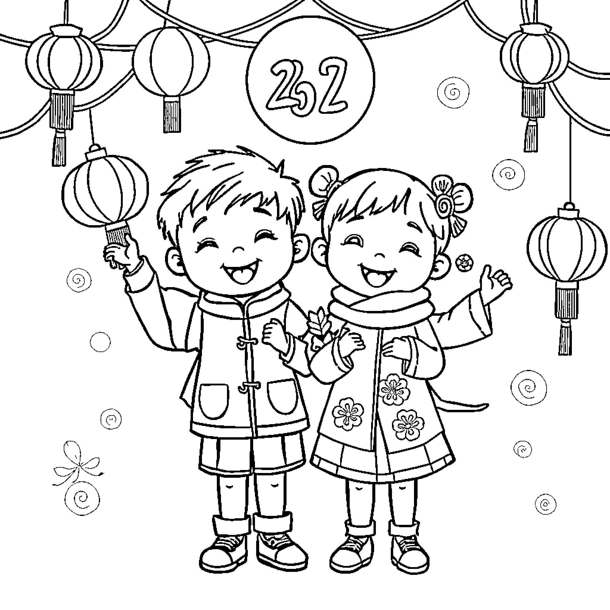 Chinese New Year celebration with happy children Coloring Page (free black-and-white line drawing printable PDF for all, from beginners to advanced learners, including children, teens, adults, and seniors)