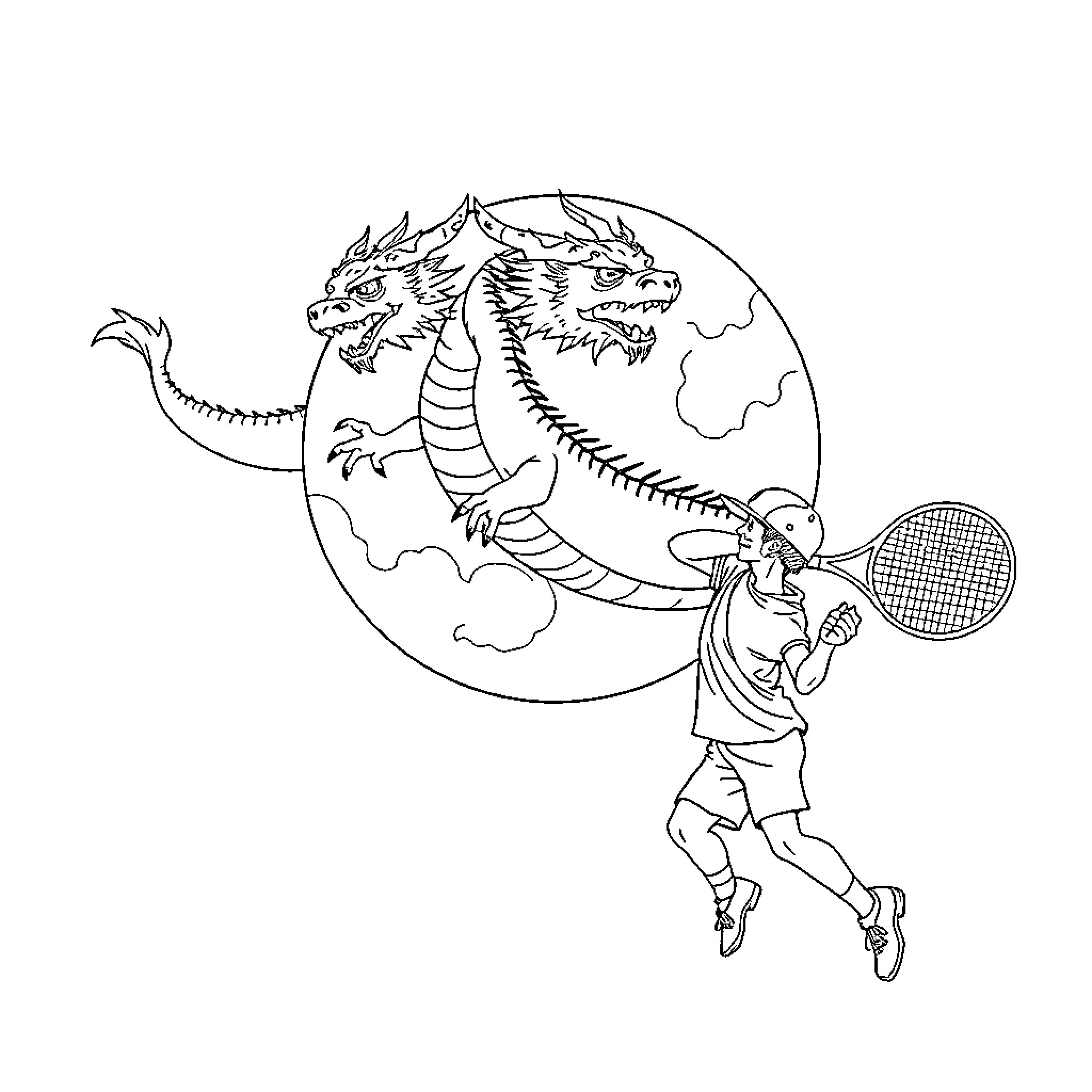 Three-Headed Dragon Chasing Tennis Player Coloring Page (free black-and-white line drawing printable PDF for all, from beginners to advanced learners, including children, teens, adults, and seniors)