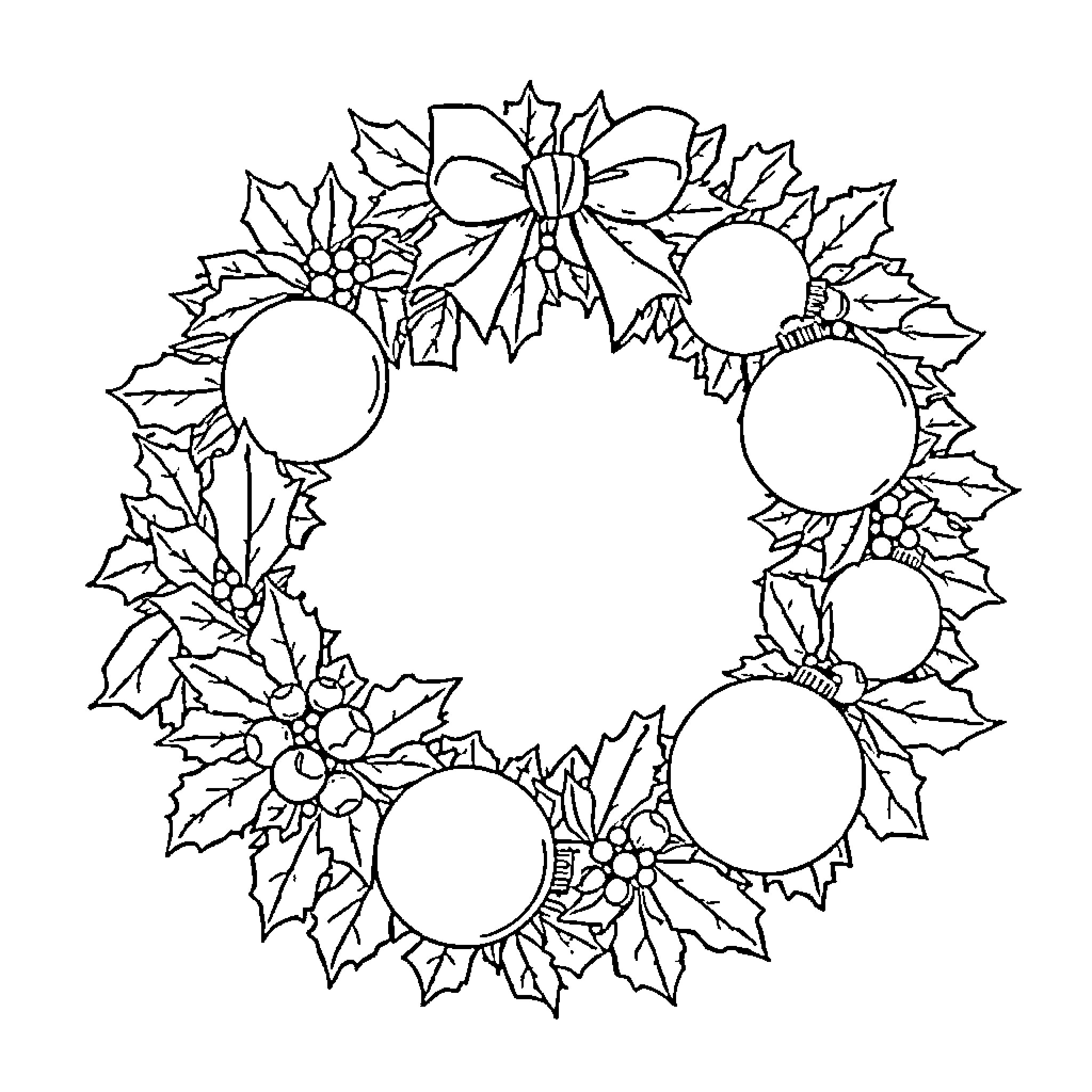 Wreath with decorative ornaments and leaves Coloring Page (free black-and-white line drawing printable PDF for all, from beginners to advanced learners, including children, teens, adults, and seniors)