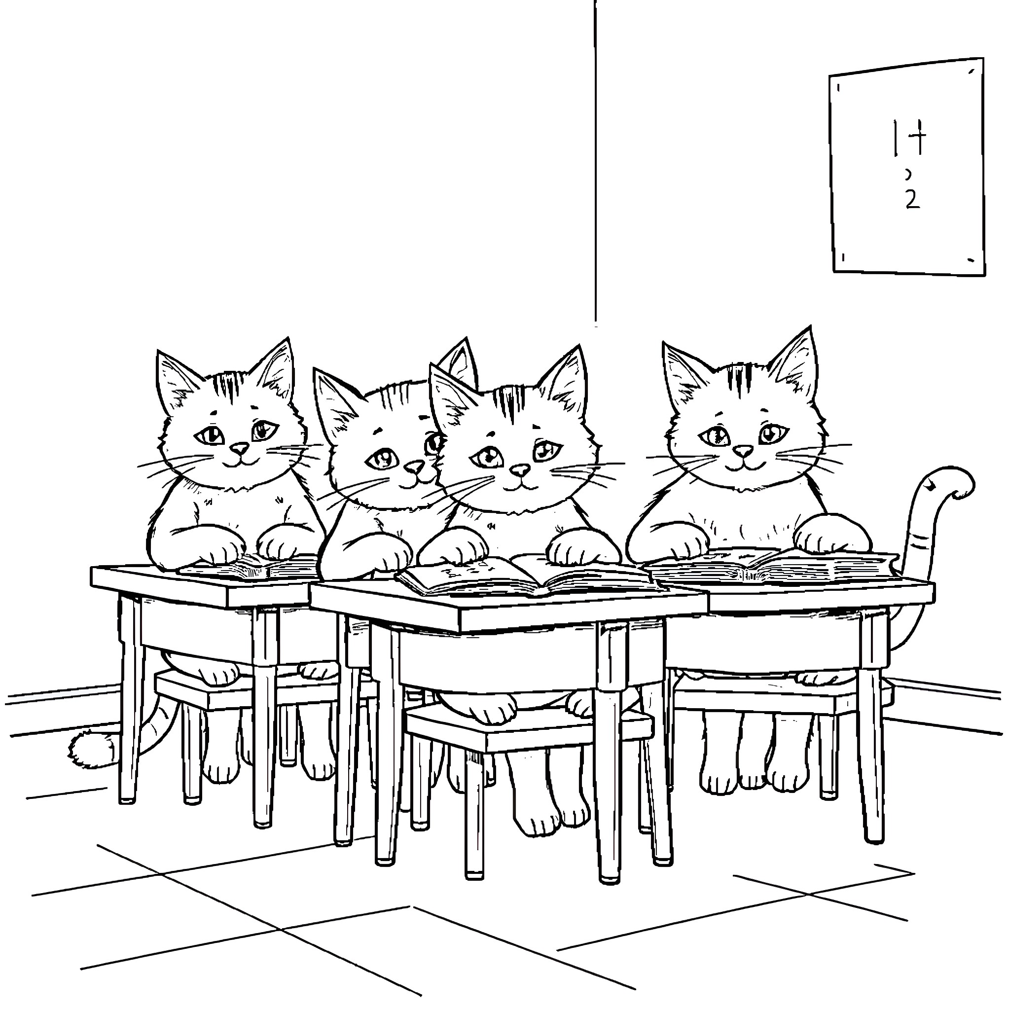 Cats sitting attentively in a classroom Coloring Page (free black-and-white line drawing printable PDF for all, from beginners to advanced learners, including children, teens, adults, and seniors)