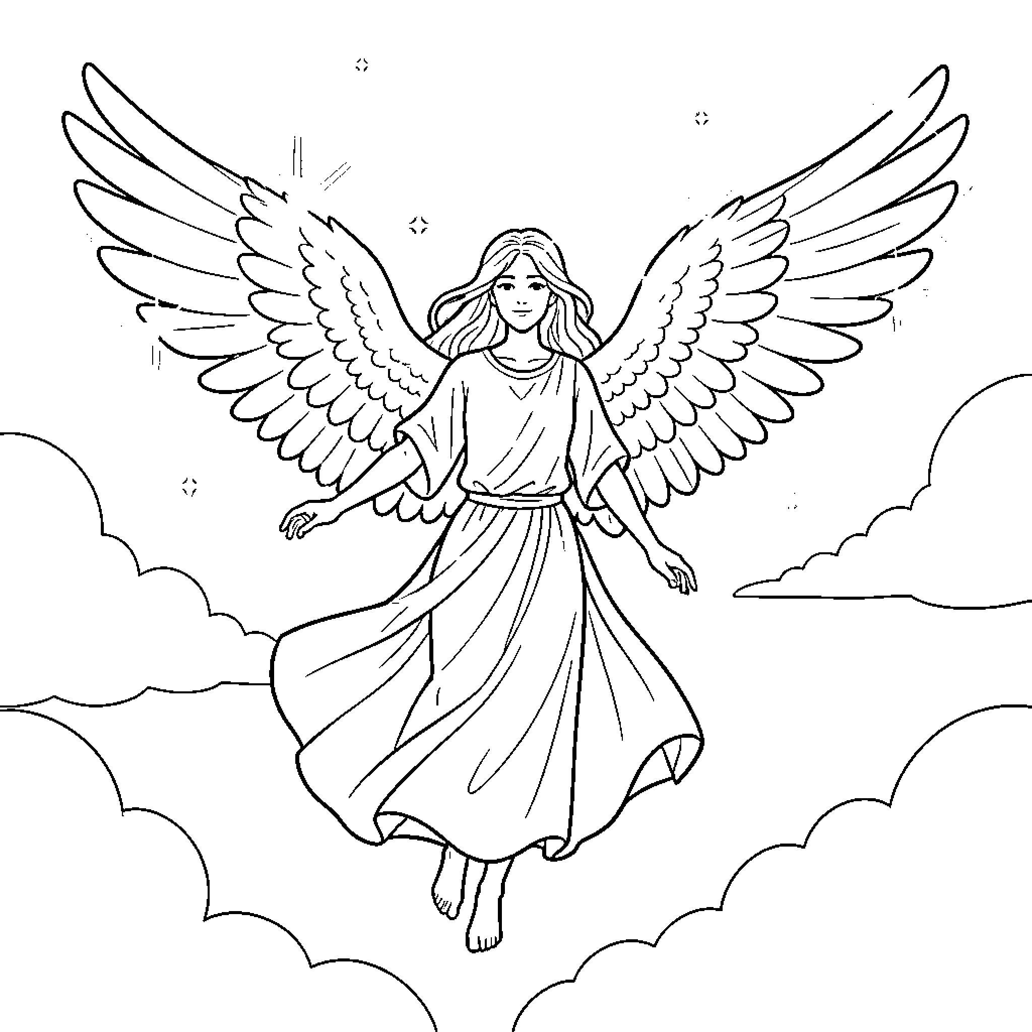 Angel of Compassion in the Heavens Coloring Page (free black-and-white line drawing printable PDF for all, from beginners to advanced learners, including children, teens, adults, and seniors)