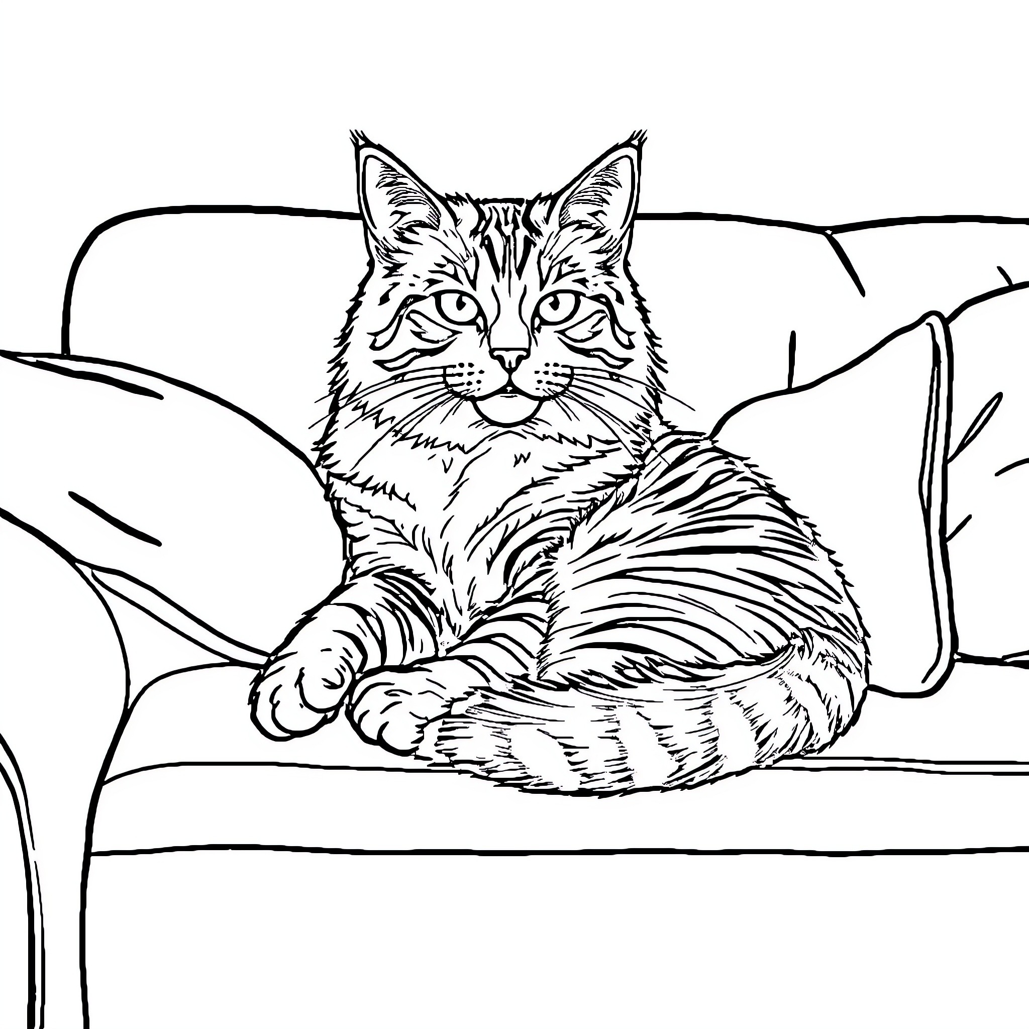 Cat lounging comfortably on a couch Coloring Page (free black-and-white line drawing printable PDF for all, from beginners to advanced learners, including children, teens, adults, and seniors)