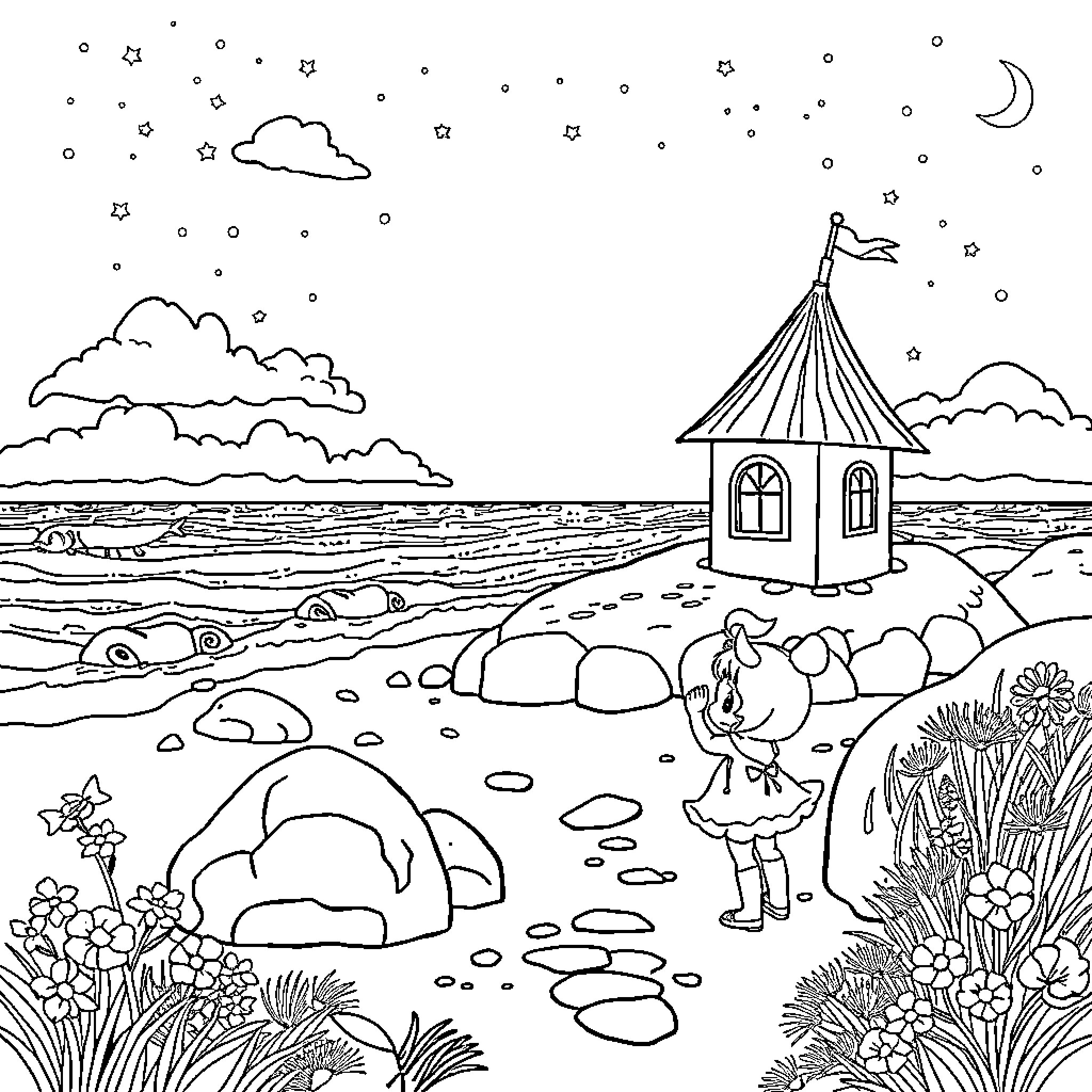 Gabby's enchanting night adventure at the whimsical cottage Coloring Page (free black-and-white line drawing printable PDF for all, from beginners to advanced learners, including children, teens, adults, and seniors)