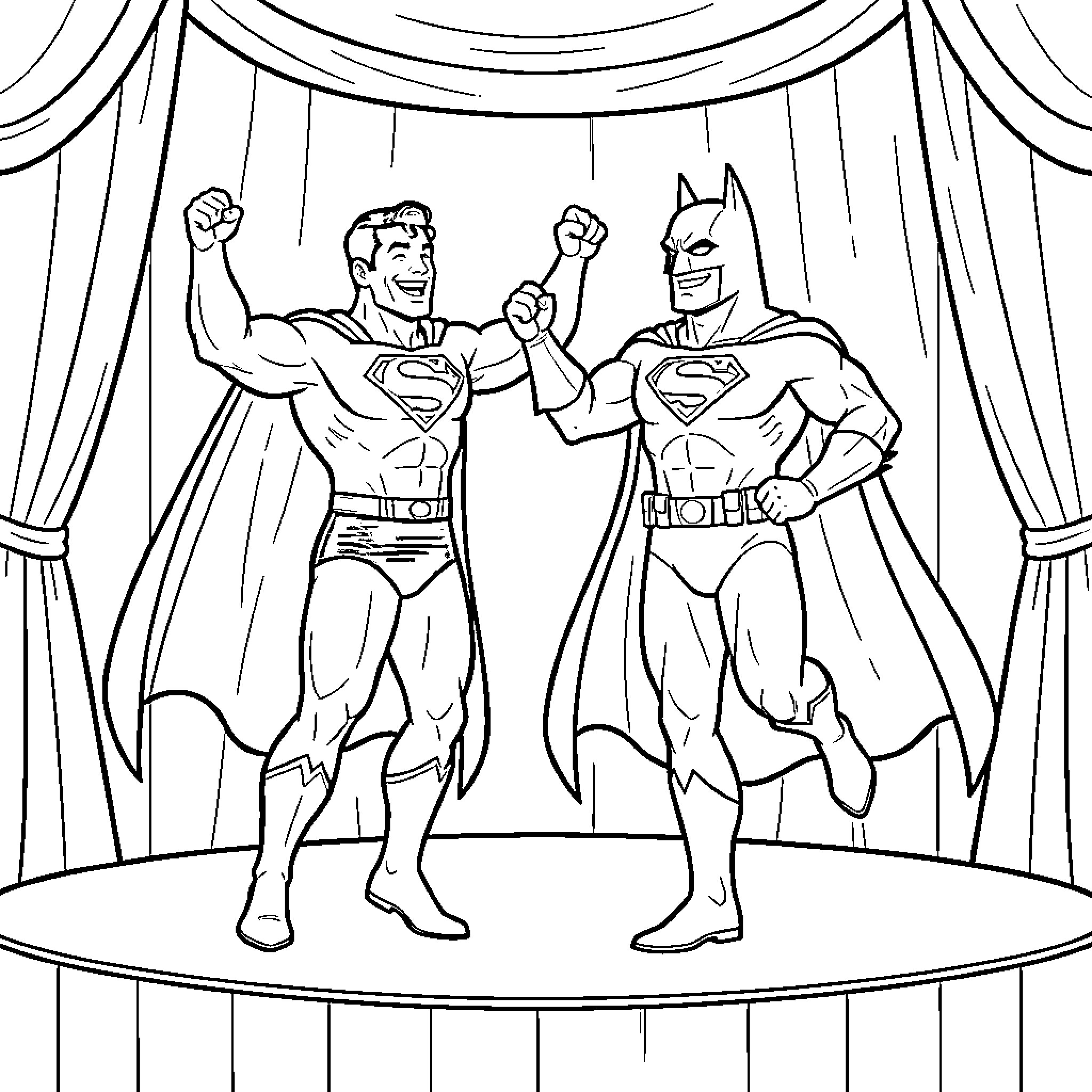 Superman and Batman celebrating a victory on stage Coloring Page (free black-and-white line drawing printable PDF for all, from beginners to advanced learners, including children, teens, adults, and seniors)