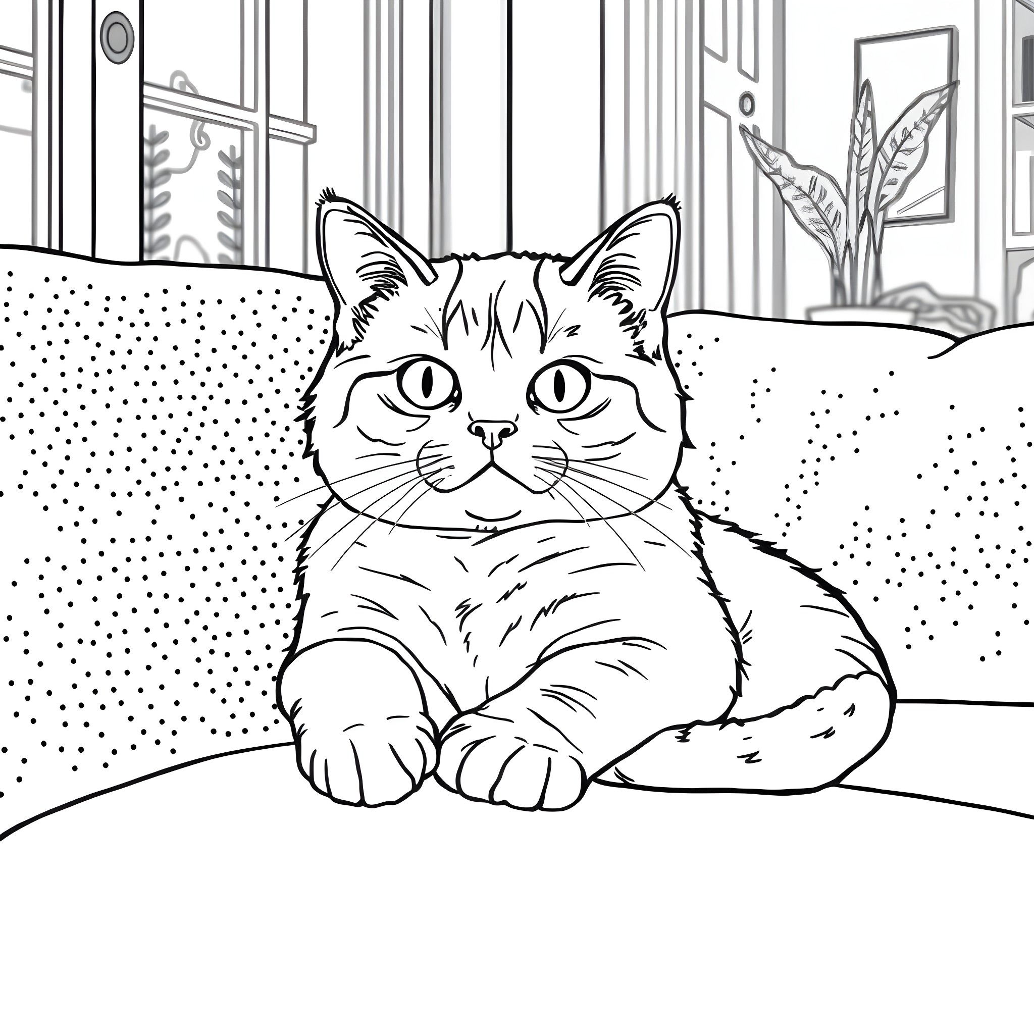 Cat relaxing on the couch in a cozy home Coloring Page (free black-and-white line drawing printable PDF for all, from beginners to advanced learners, including children, teens, adults, and seniors)