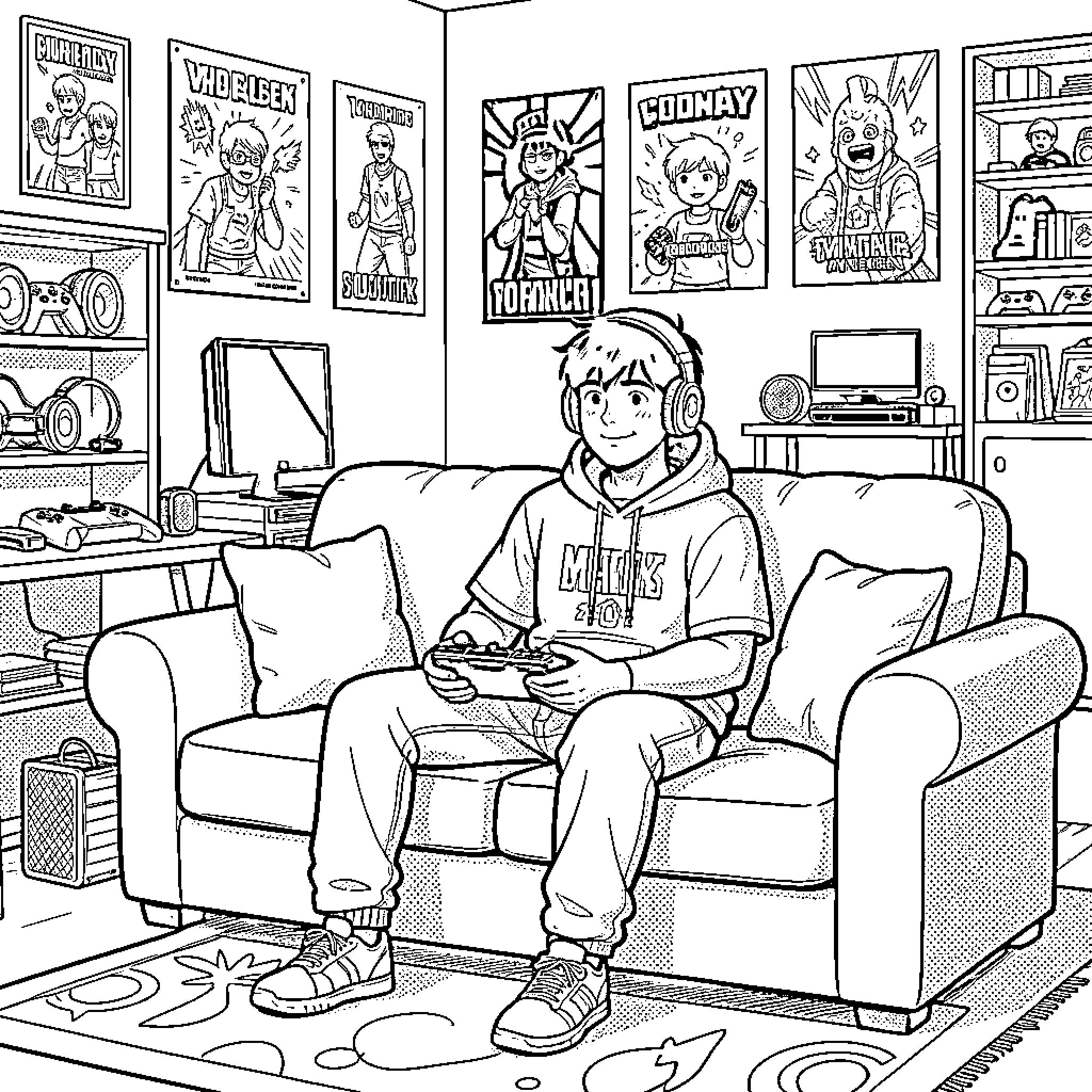 Youtuber sitting on a sofa playing video games Coloring Page (free black-and-white line drawing printable PDF for all, from beginners to advanced learners, including children, teens, adults, and seniors)