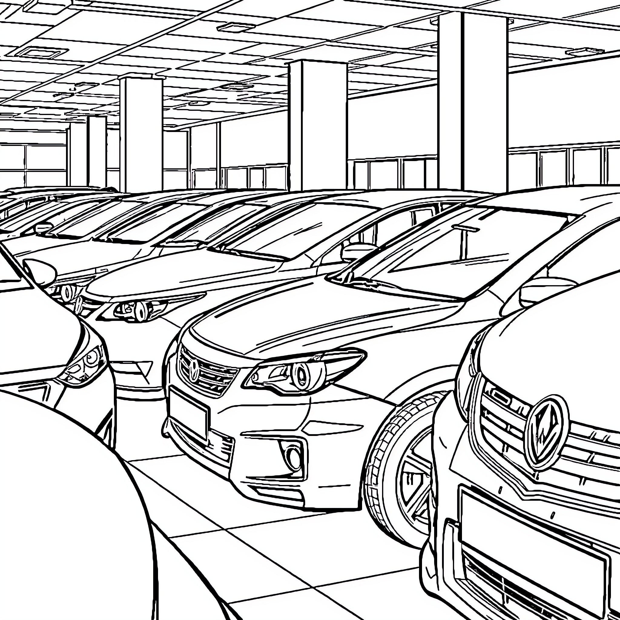 Car showroom displaying various models Coloring Page (free black-and-white line drawing printable PDF for all, from beginners to advanced learners, including children, teens, adults, and seniors)