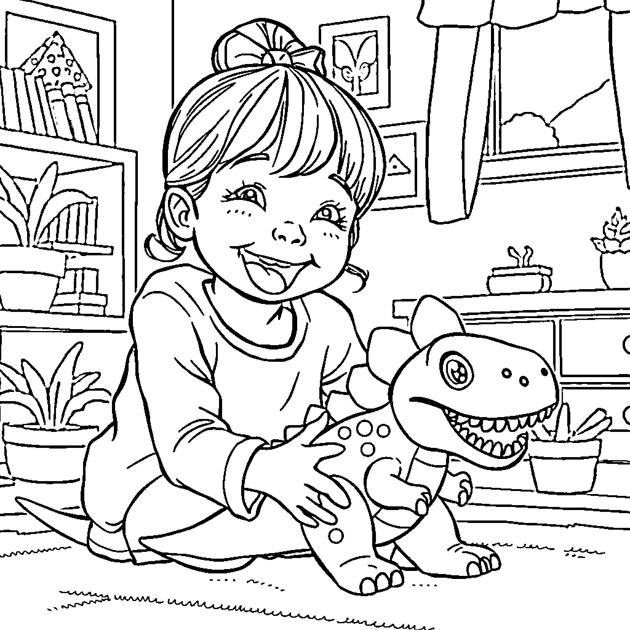 Rachel's Playtime with Plush Toy Coloring Page (free black-and-white line drawing printable PDF for all, from beginners to advanced learners, including children, teens, adults, and seniors)