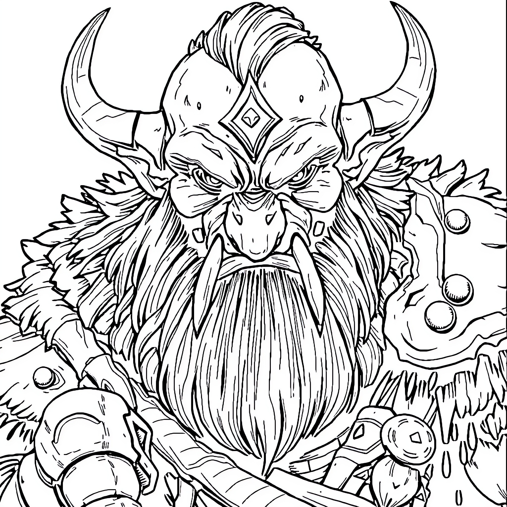 Orc warrior with menacing expression and horned helmet Coloring Page (free black-and-white line drawing printable PDF for all, from beginners to advanced learners, including children, teens, adults, and seniors)