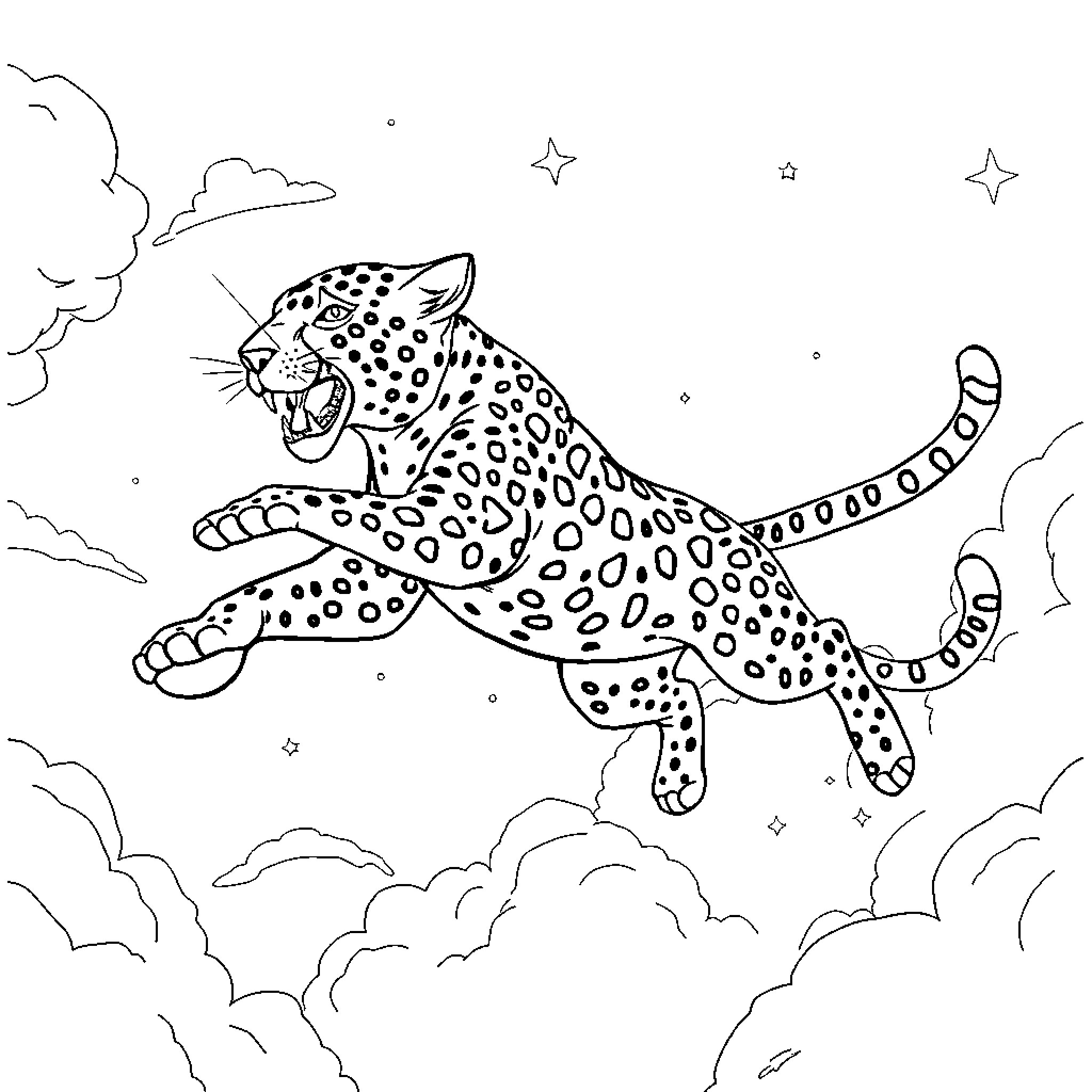 Flying Leopard soaring through the starry night sky Coloring Page (free black-and-white line drawing printable PDF for all, from beginners to advanced learners, including children, teens, adults, and seniors)