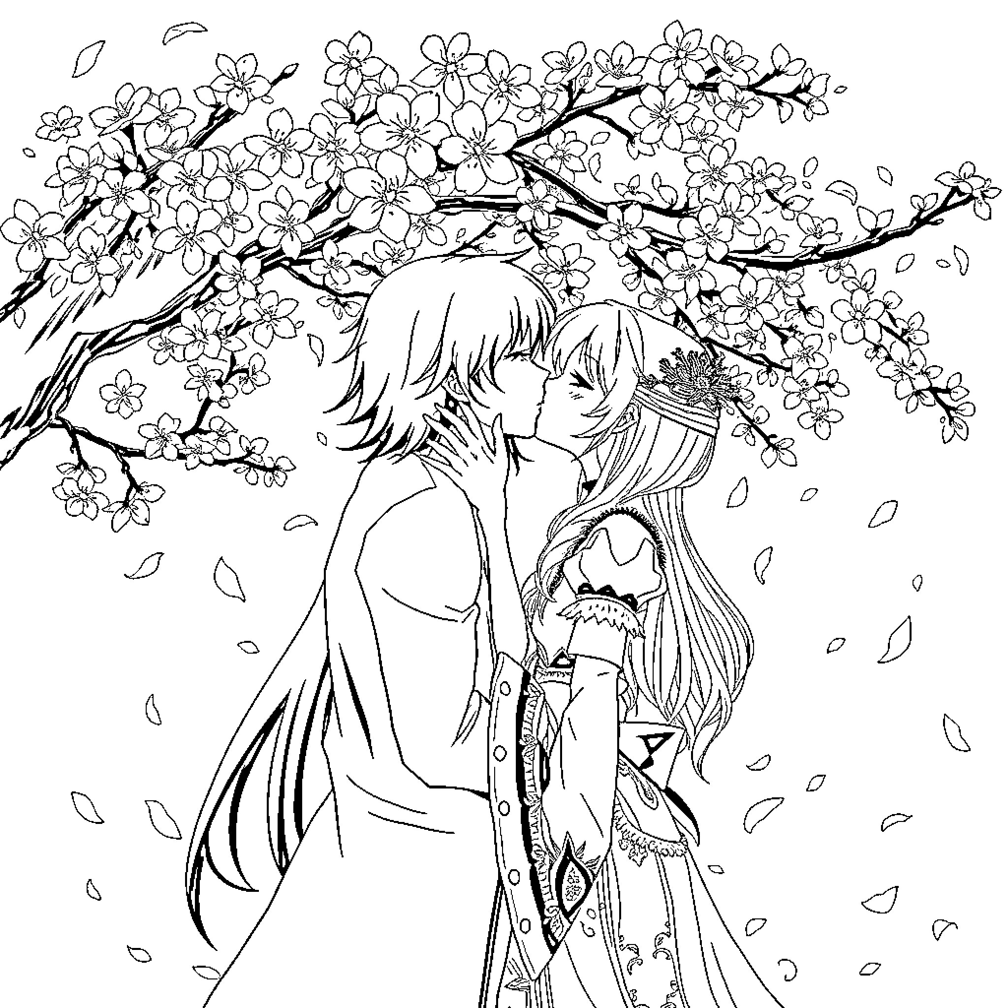 Rias Gremory embracing her lover under cherry blossom tree Coloring Page (free black-and-white line drawing printable PDF for all, from beginners to advanced learners, including children, teens, adults, and seniors)