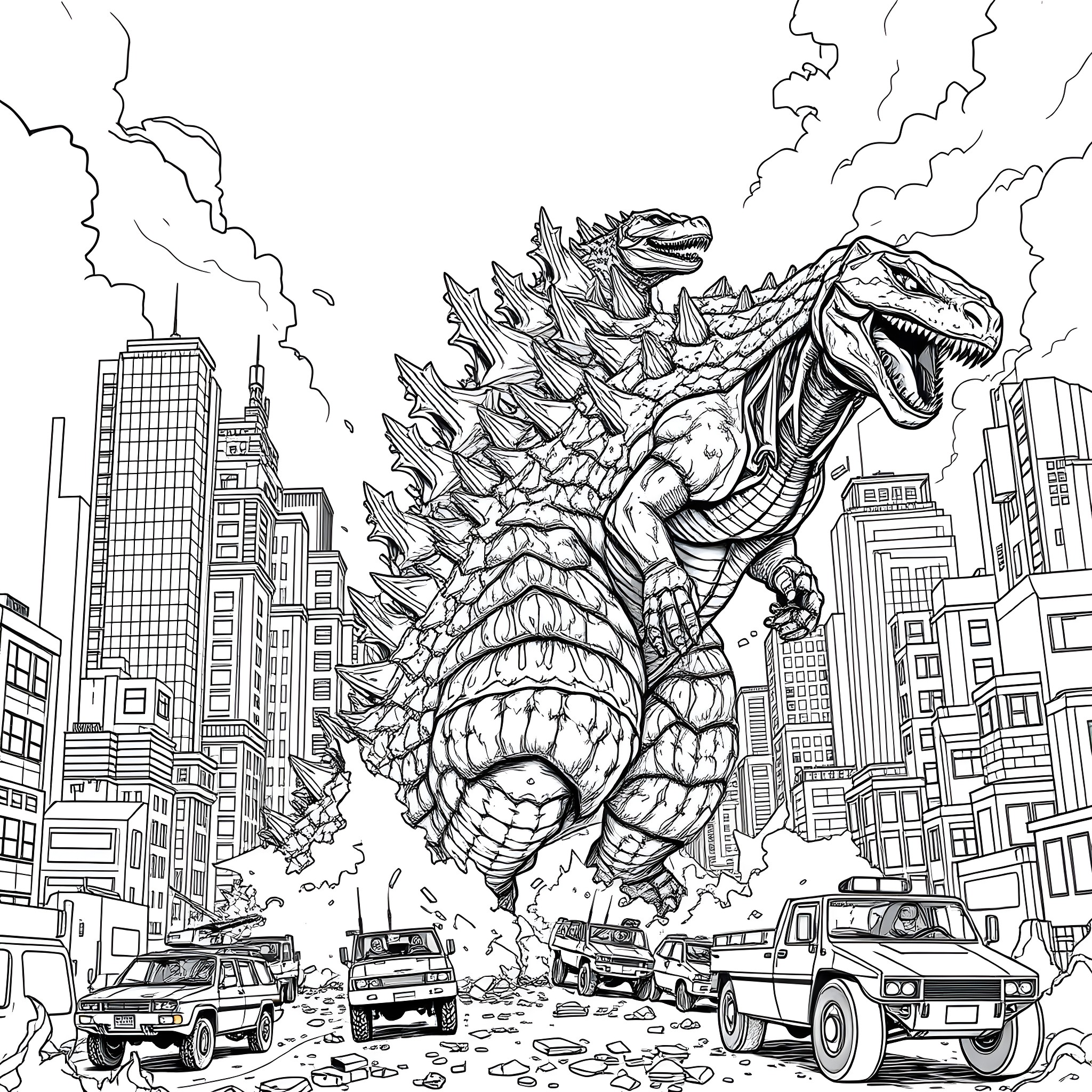 Godzilla rampaging through the city in epic destruction Coloring Page (free black-and-white line drawing printable PDF for all, from beginners to advanced learners, including children, teens, adults, and seniors)