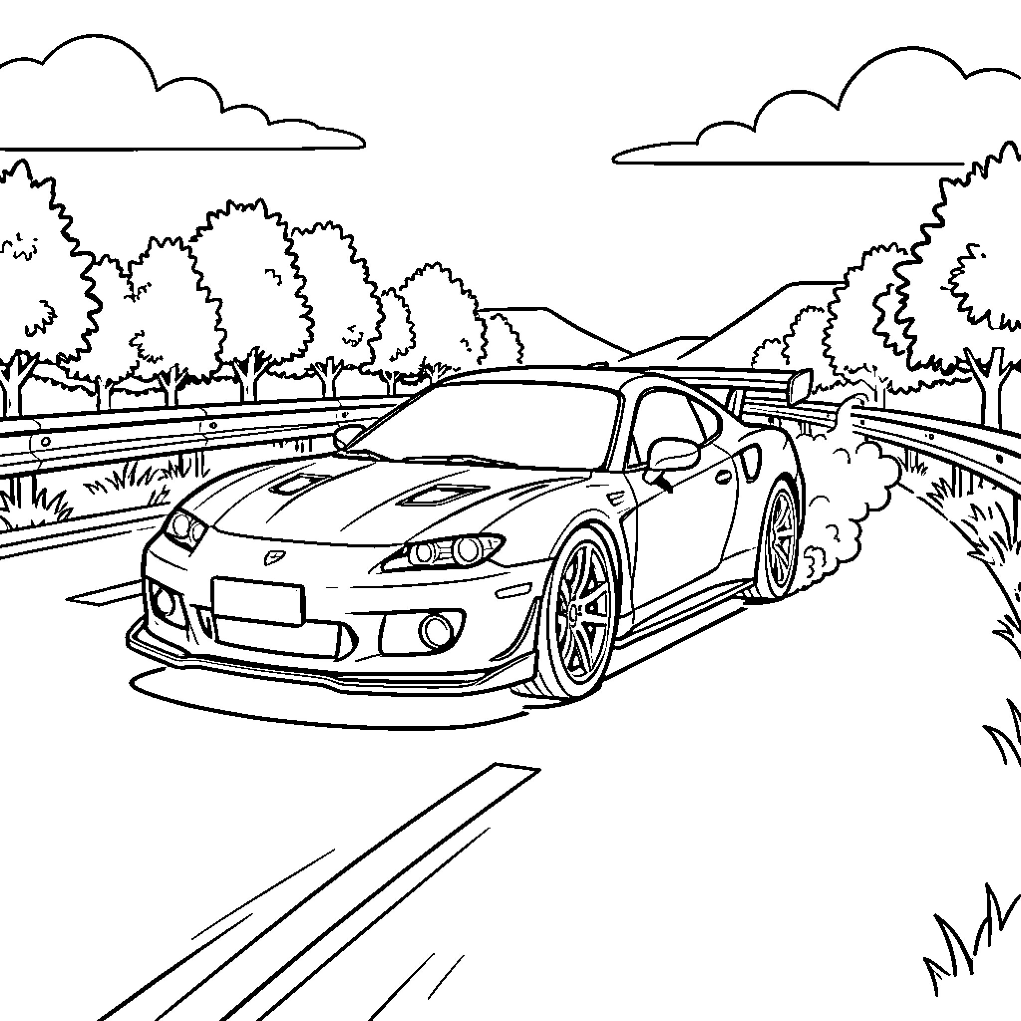 Car speeding along winding road in nature Coloring Page (free black-and-white line drawing printable PDF for all, from beginners to advanced learners, including children, teens, adults, and seniors)