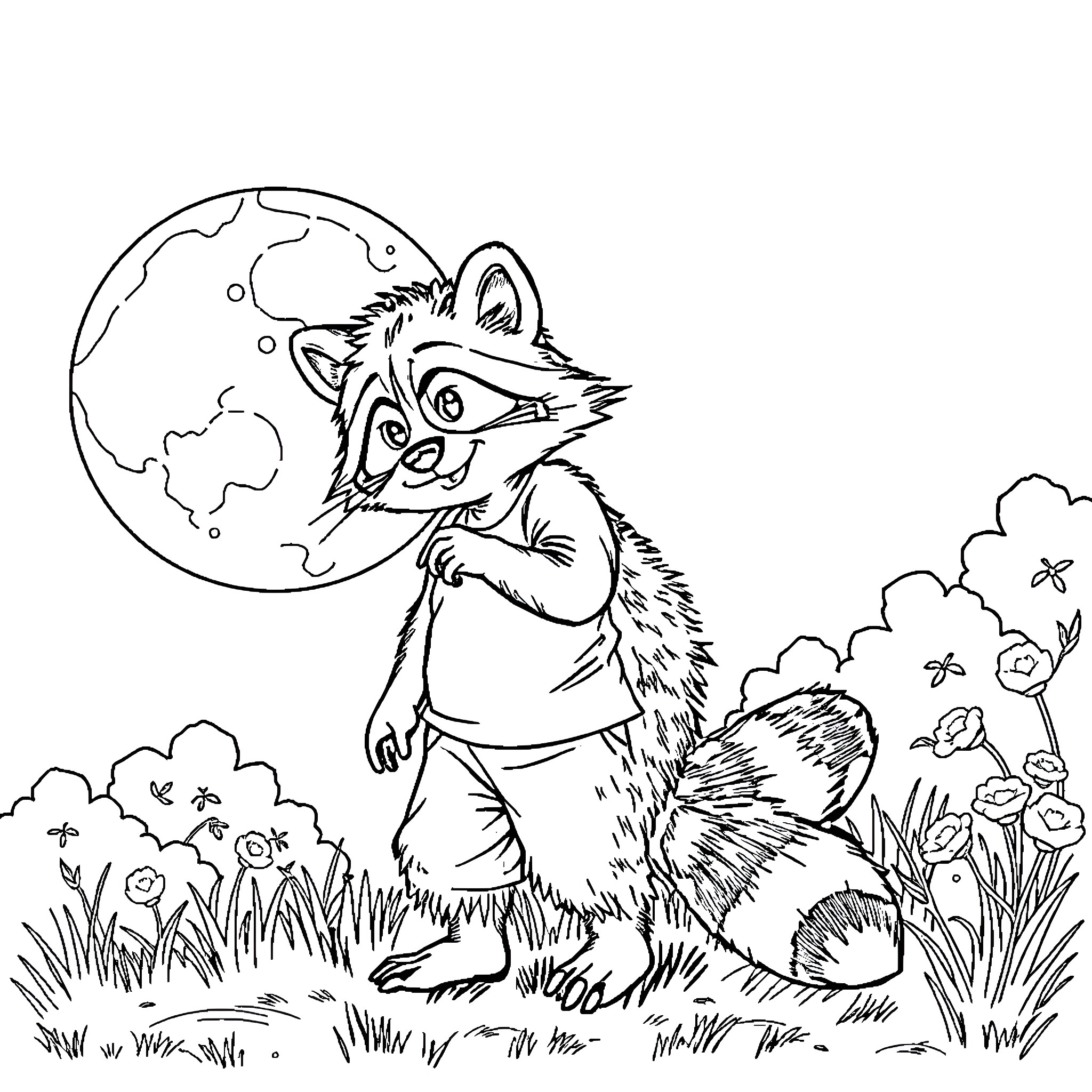 Raccoon admiring the moon in a nature scene Coloring Page (free black-and-white line drawing printable PDF for all, from beginners to advanced learners, including children, teens, adults, and seniors)
