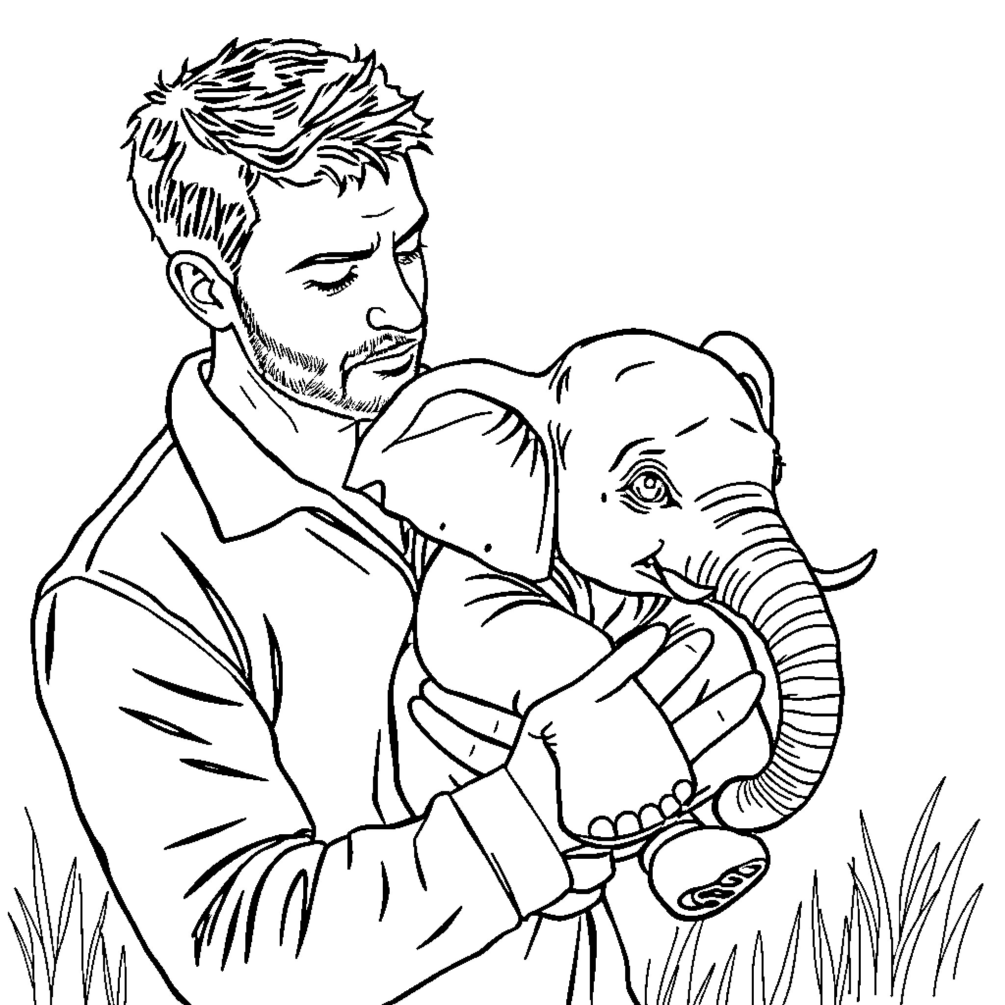 Man comforting a baby elephant in a grassy field Coloring Page (free black-and-white line drawing printable PDF for all, from beginners to advanced learners, including children, teens, adults, and seniors)