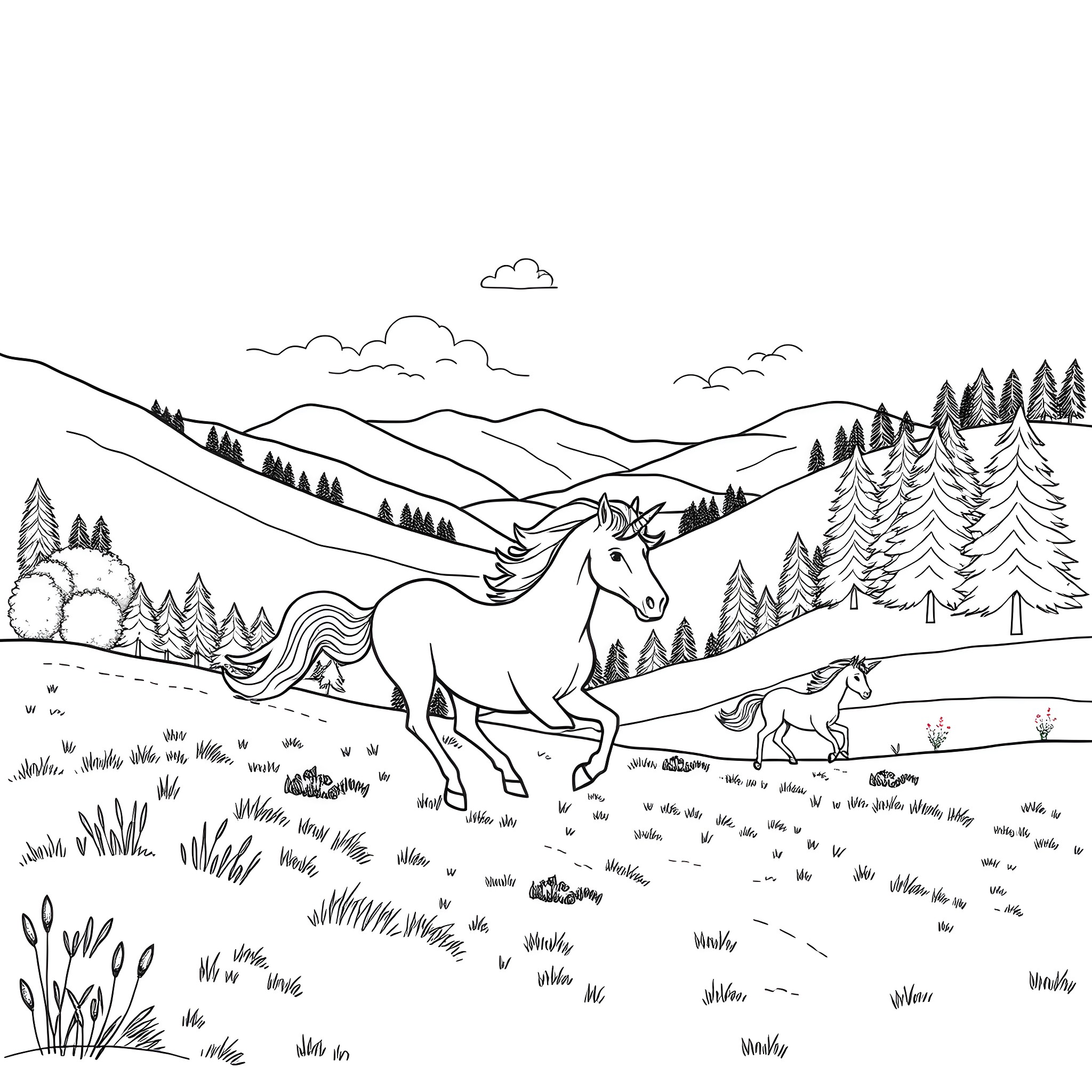 Unicorn running through a magical forest landscape Coloring Page (free black-and-white line drawing printable PDF for all, from beginners to advanced learners, including children, teens, adults, and seniors)
