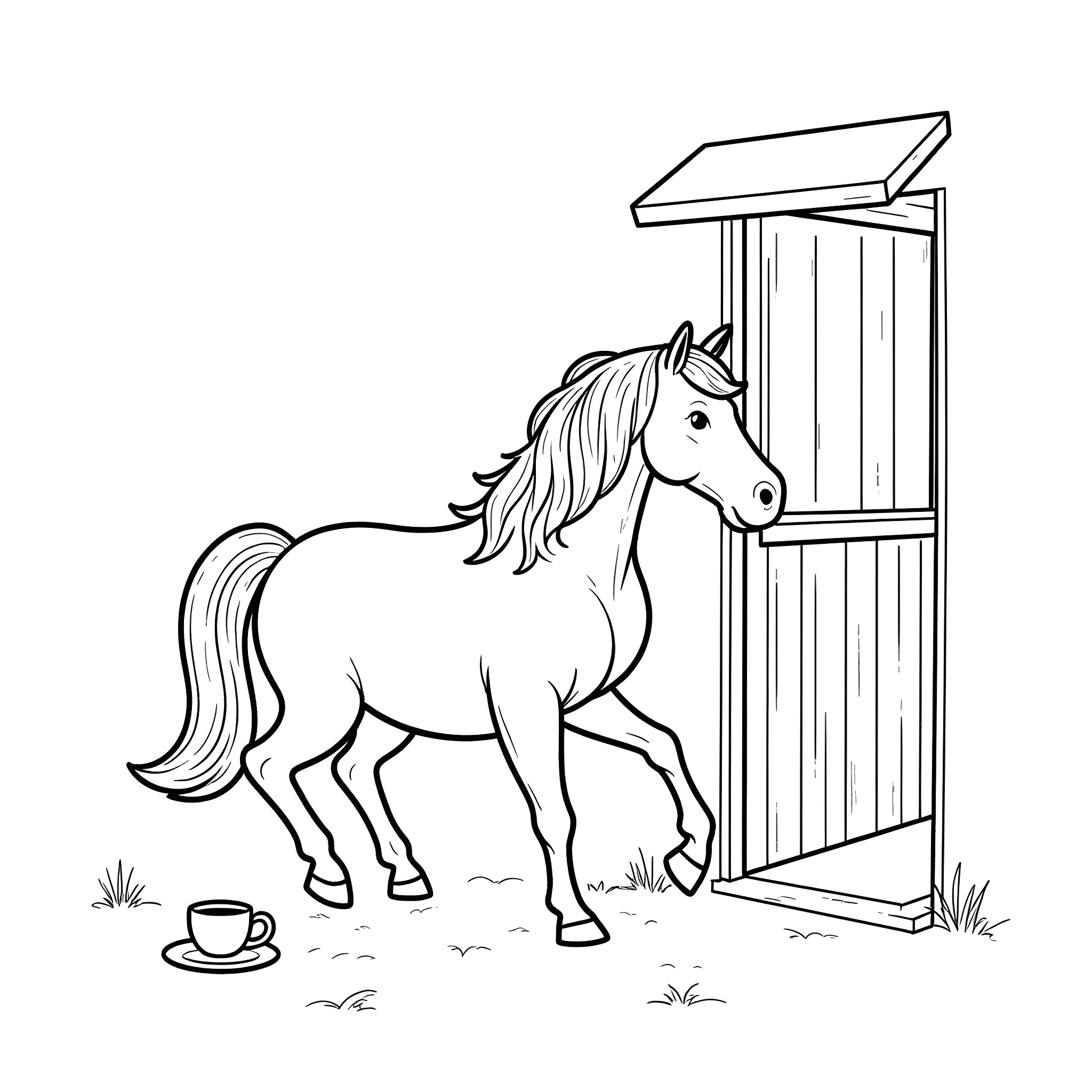 Horse standing near an open stable door Coloring Page (free black-and-white line drawing printable PDF for all, from beginners to advanced learners, including children, teens, adults, and seniors)
