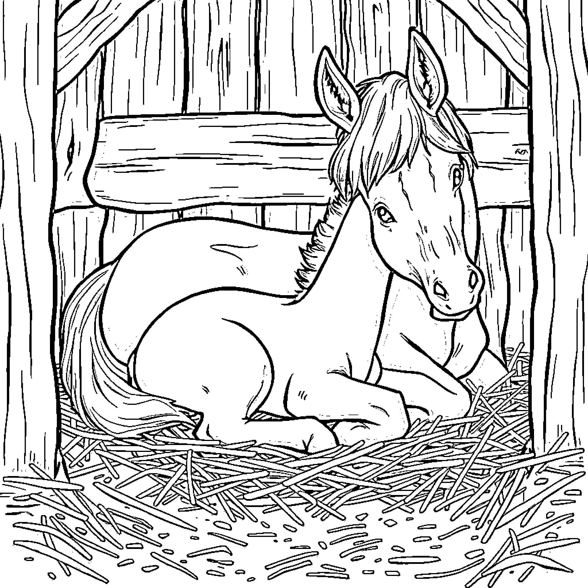 Foal resting peacefully in a cozy stable Coloring Page (free black-and-white line drawing printable PDF for all, from beginners to advanced learners, including children, teens, adults, and seniors)