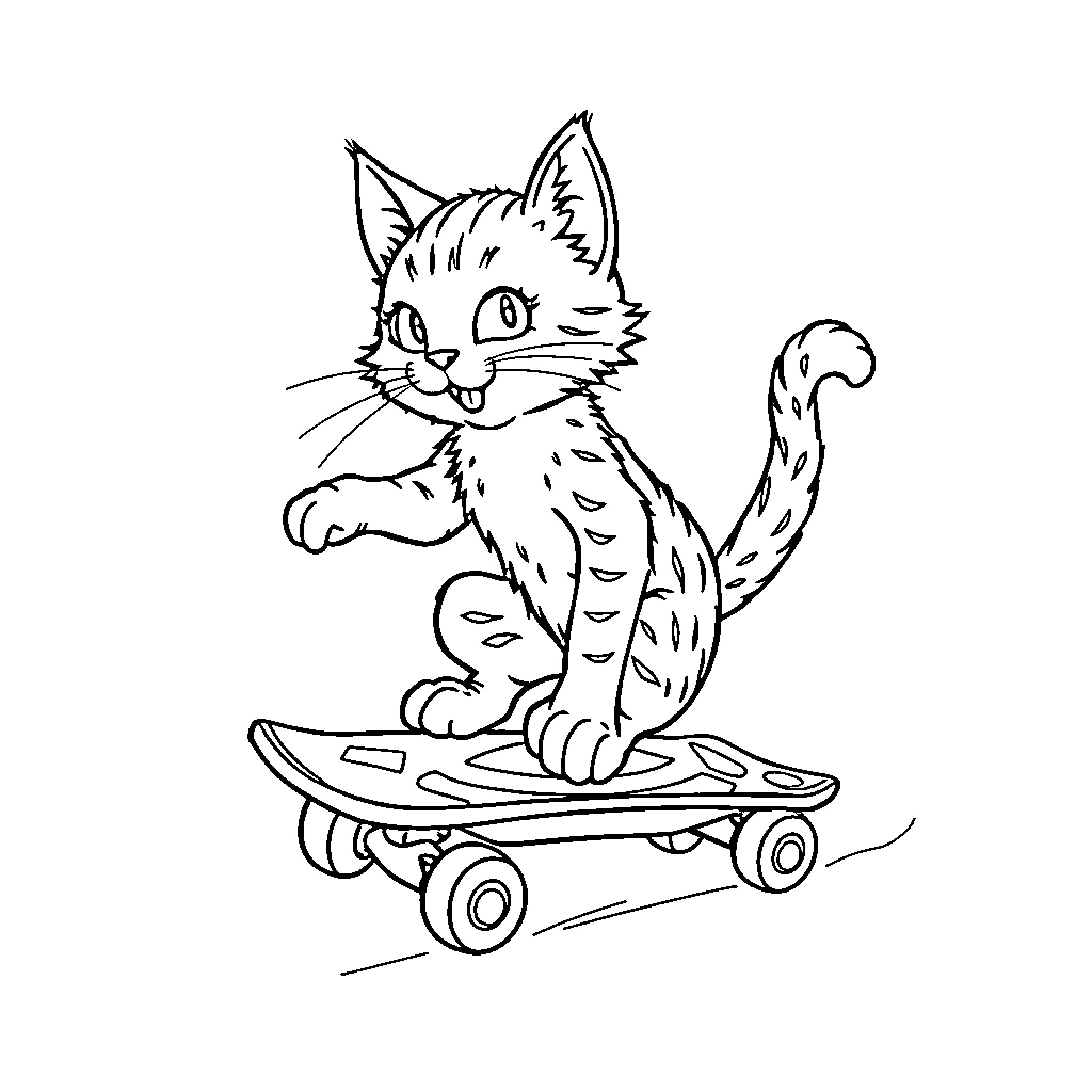 Cat riding a skateboard Coloring Page (free black-and-white line drawing printable PDF for all, from beginners to advanced learners, including children, teens, adults, and seniors)