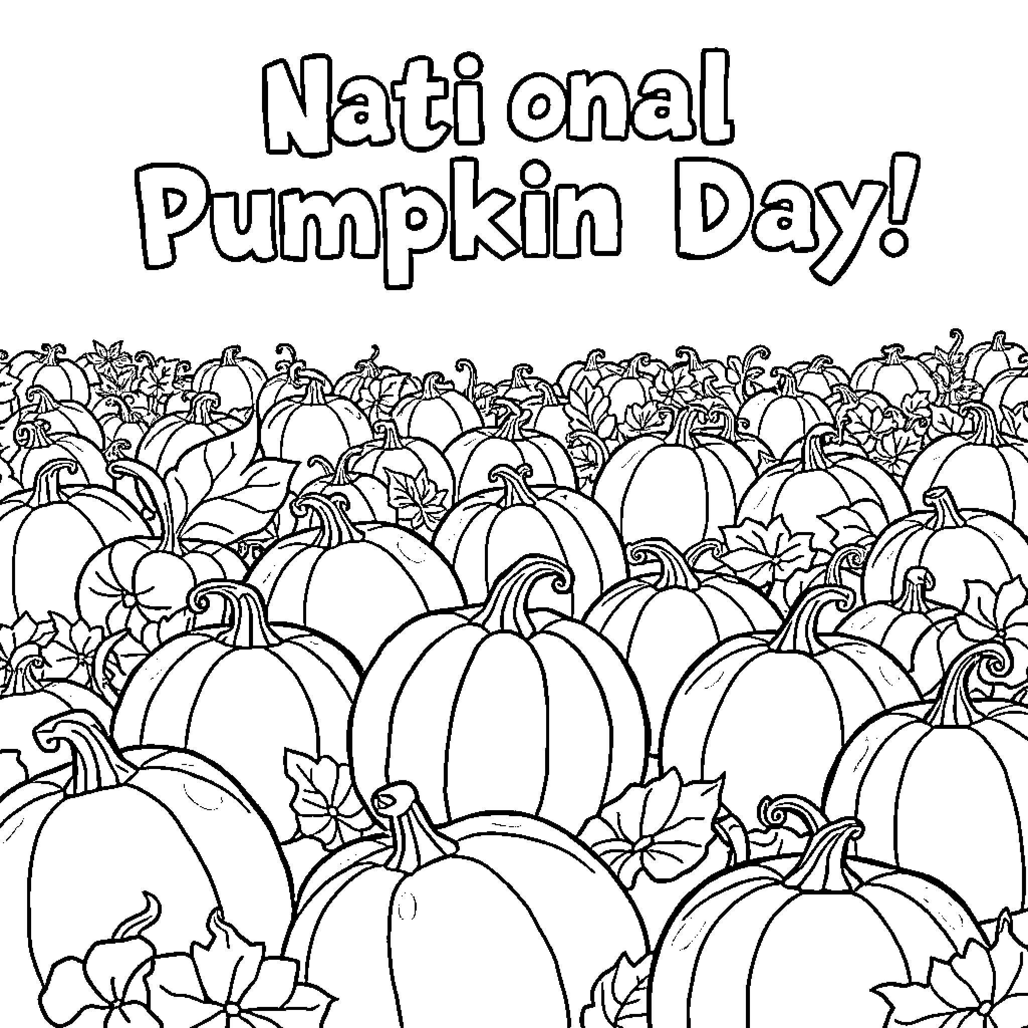 Pumpkins gathered for National Pumpkin Day celebration Coloring Page (free black-and-white line drawing printable PDF for all, from beginners to advanced learners, including children, teens, adults, and seniors)