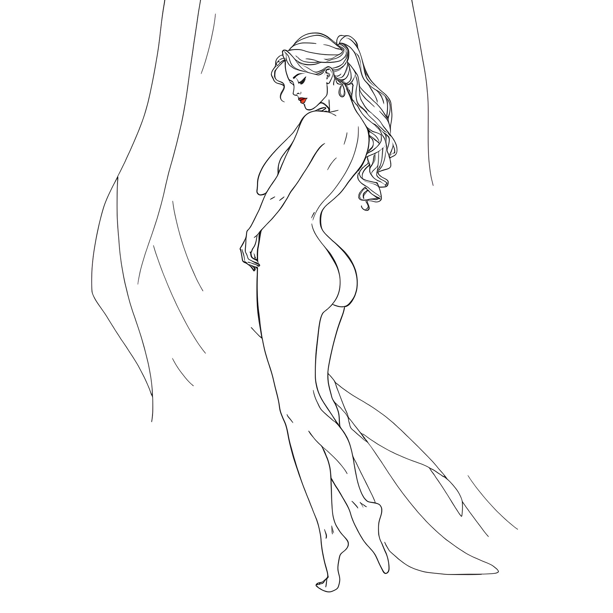 Woman in flowing dress posing gracefully Coloring Page (free black-and-white line drawing printable PDF for all, from beginners to advanced learners, including children, teens, adults, and seniors)