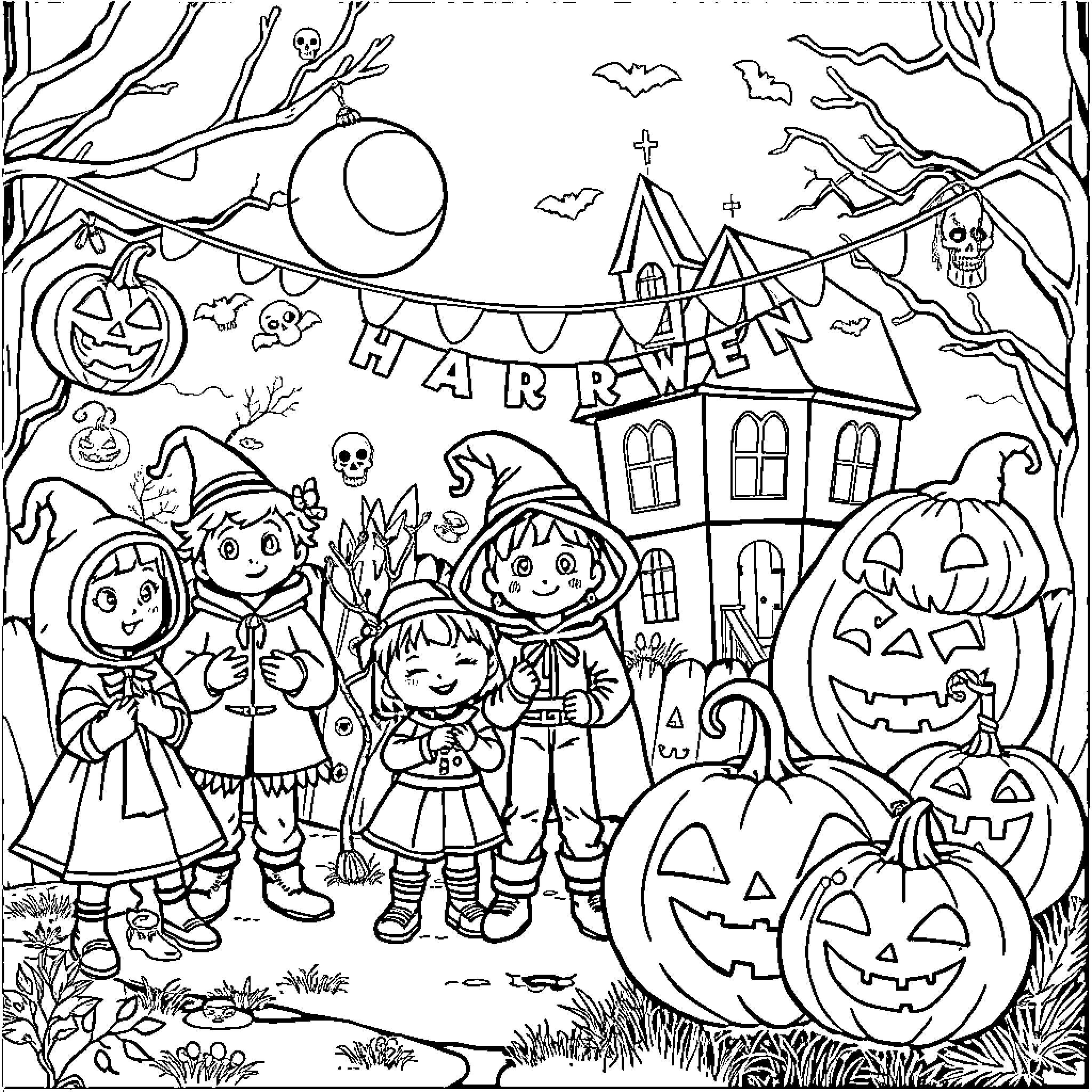 Halloween Fun with Trick-or-Treaters and Haunted House Coloring Page (free black-and-white line drawing printable PDF for all, from beginners to advanced learners, including children, teens, adults, and seniors)