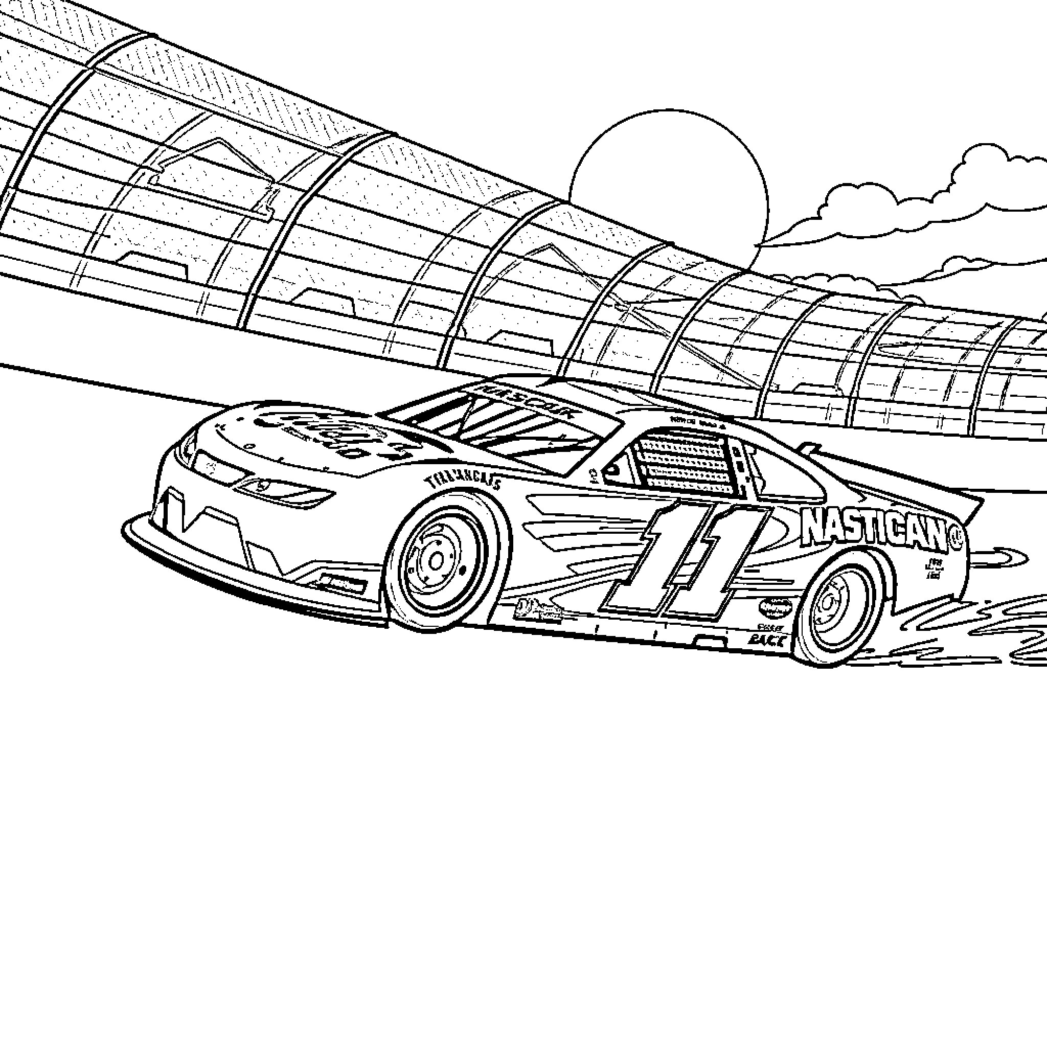 Nascar Race Car in Racetrack Stadium Coloring Page (free black-and-white line drawing printable PDF for all, from beginners to advanced learners, including children, teens, adults, and seniors)