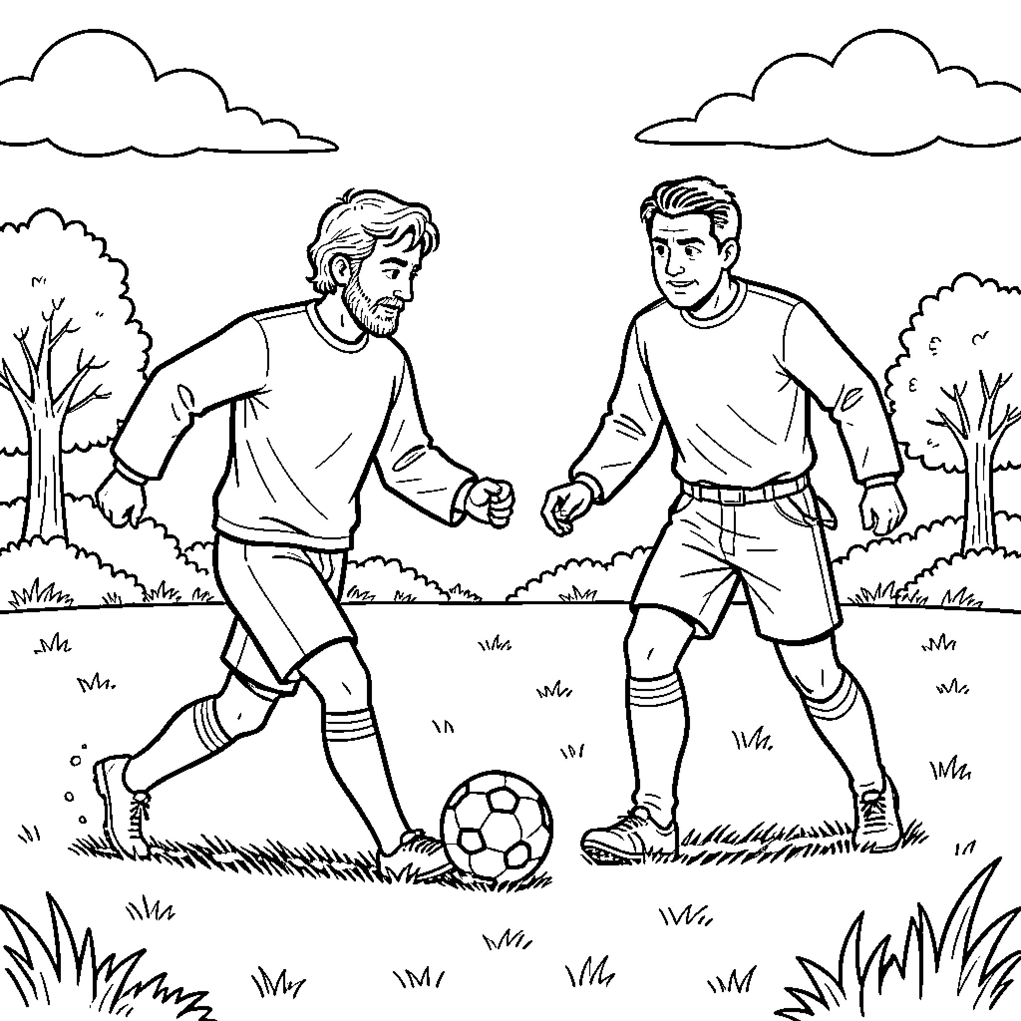 Christian playing soccer with a friend in a field Coloring Page (free black-and-white line drawing printable PDF for all, from beginners to advanced learners, including children, teens, adults, and seniors)