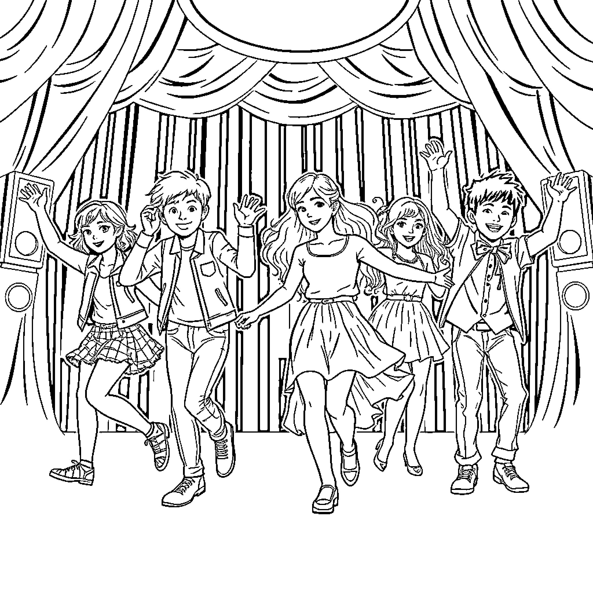 Child performers on stage with curtain backdrop Coloring Page (free black-and-white line drawing printable PDF for all, from beginners to advanced learners, including children, teens, adults, and seniors)