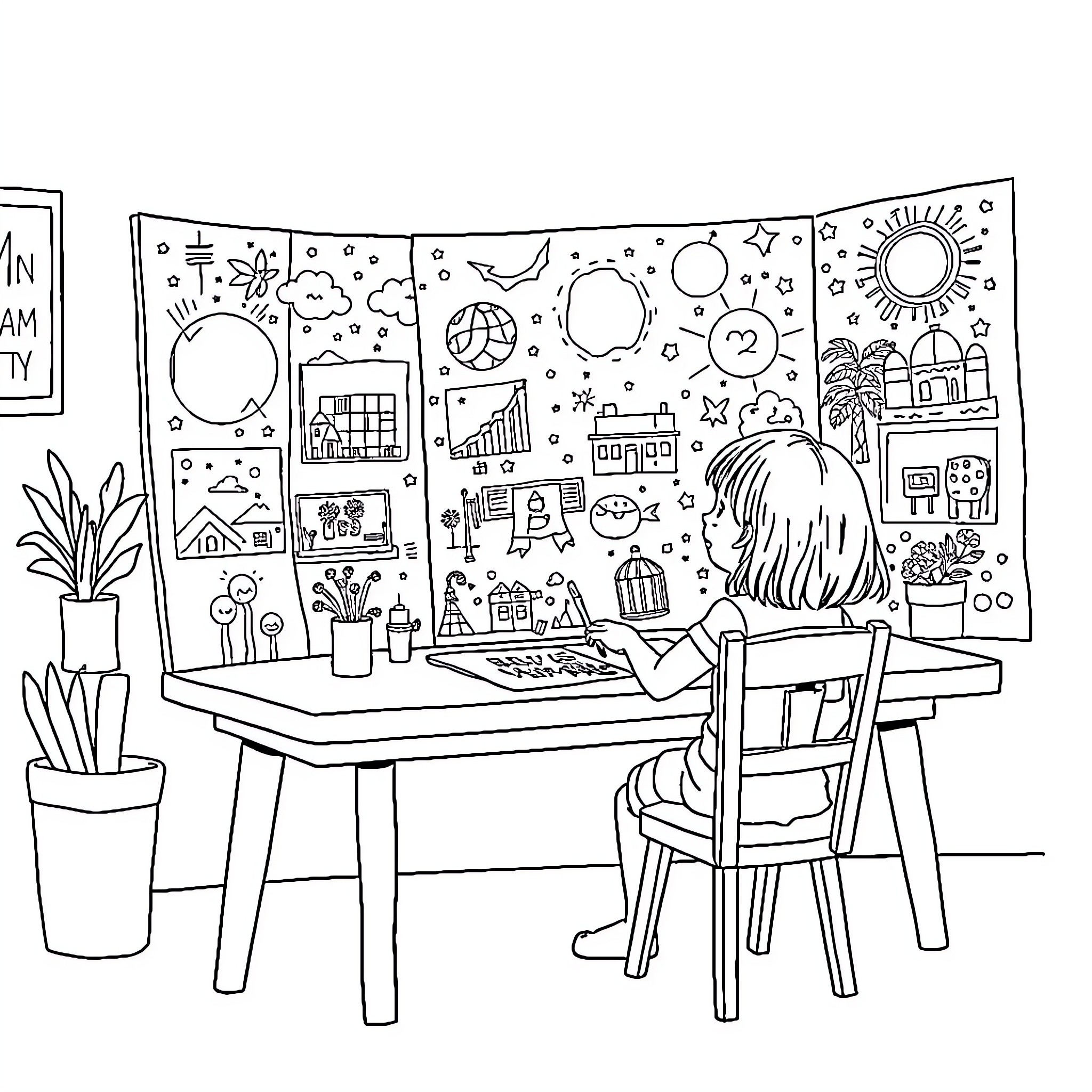 Girl Engaged in Creative Work at Artistic Workspace Coloring Page (free black-and-white line drawing printable PDF for all, from beginners to advanced learners, including children, teens, adults, and seniors)