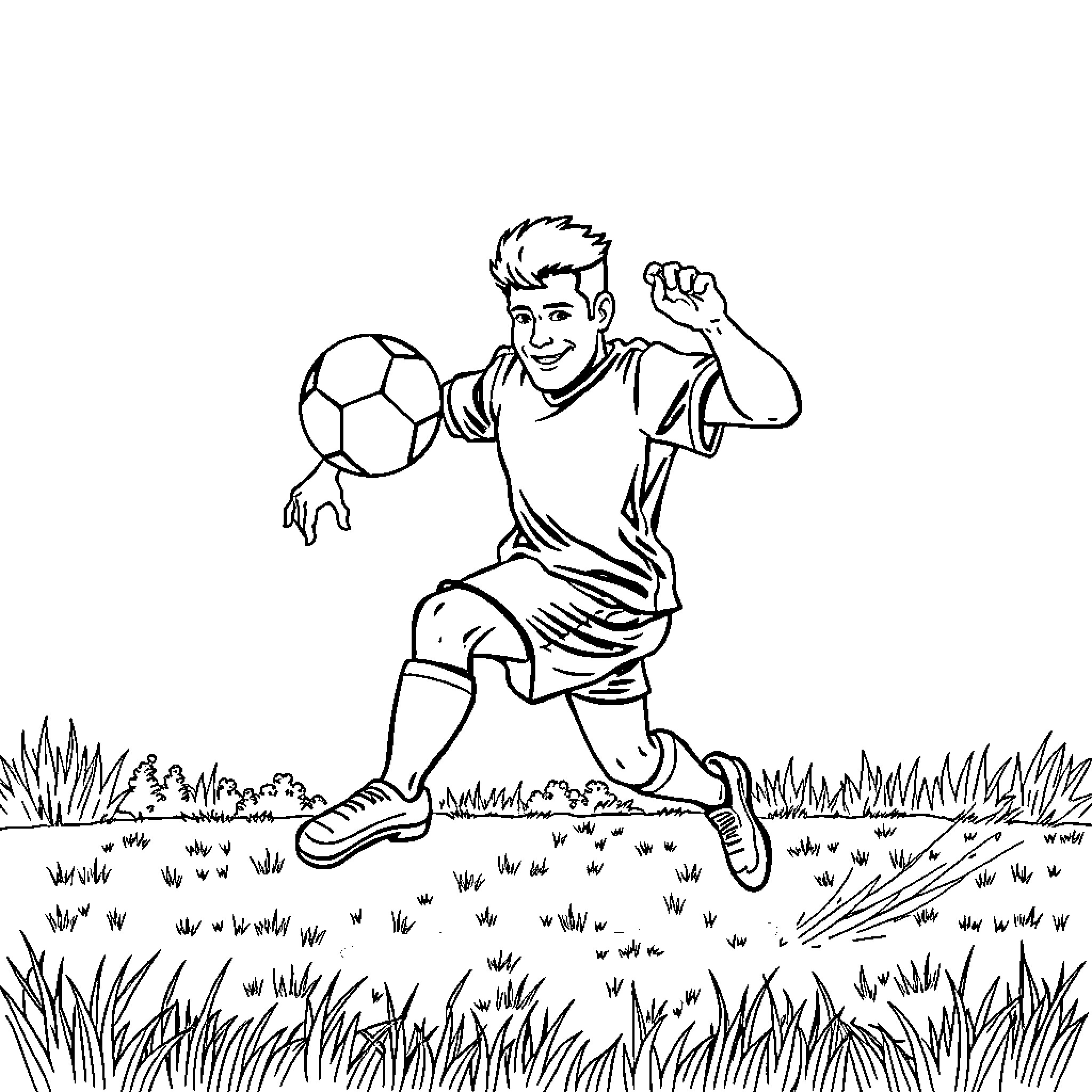 Barman playing football enthusiastically on grass field Coloring Page (free black-and-white line drawing printable PDF for all, from beginners to advanced learners, including children, teens, adults, and seniors)