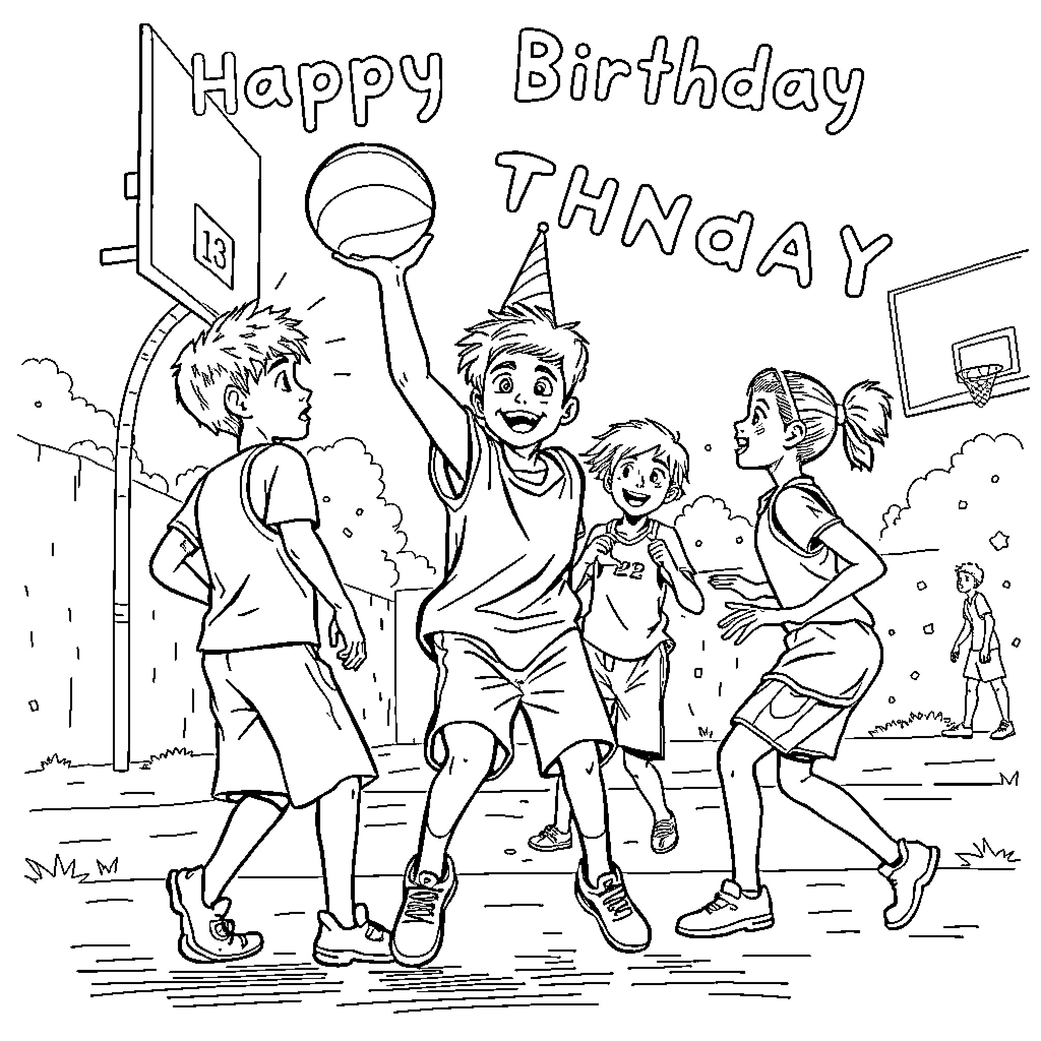 Boy celebrating happy birthday with friends at the basketball court Coloring Page (free black-and-white line drawing printable PDF for all, from beginners to advanced learners, including children, teens, adults, and seniors)