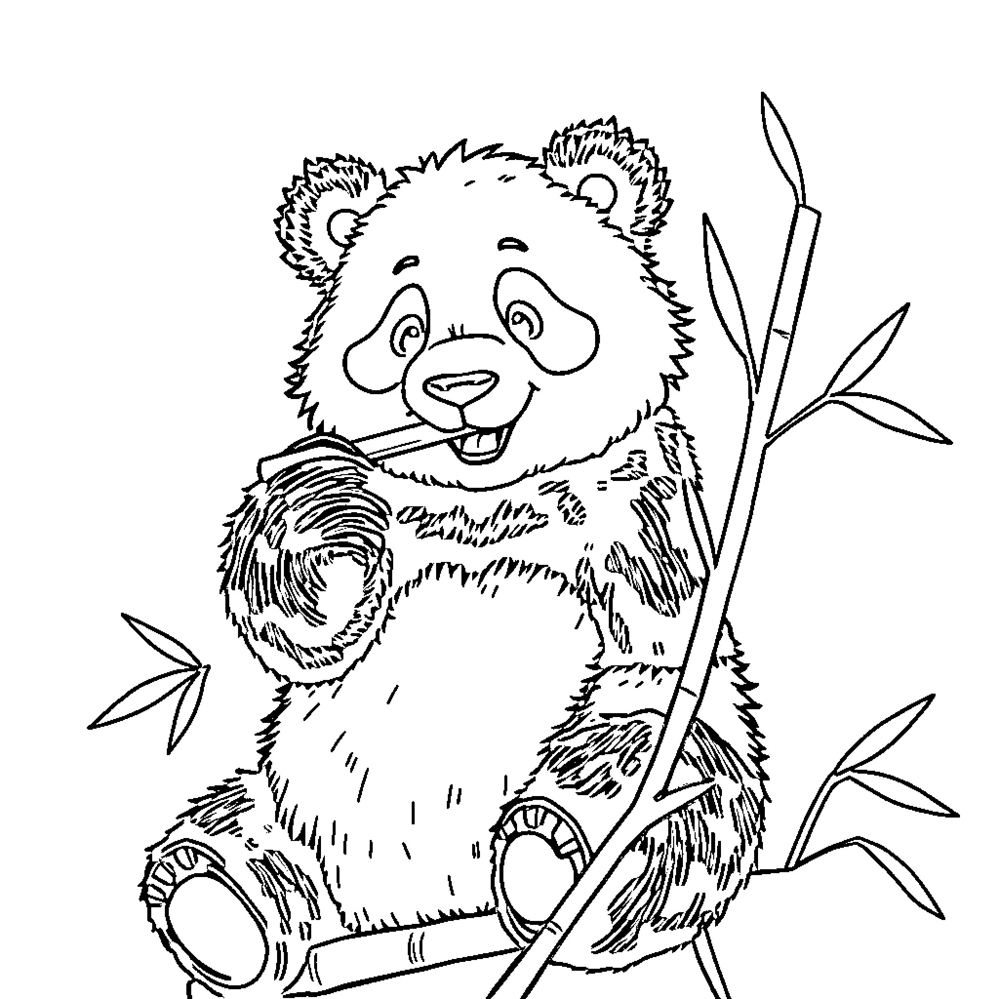 Panda resting happily among bamboo leaves Coloring Page (free black-and-white line drawing printable PDF for all, from beginners to advanced learners, including children, teens, adults, and seniors)