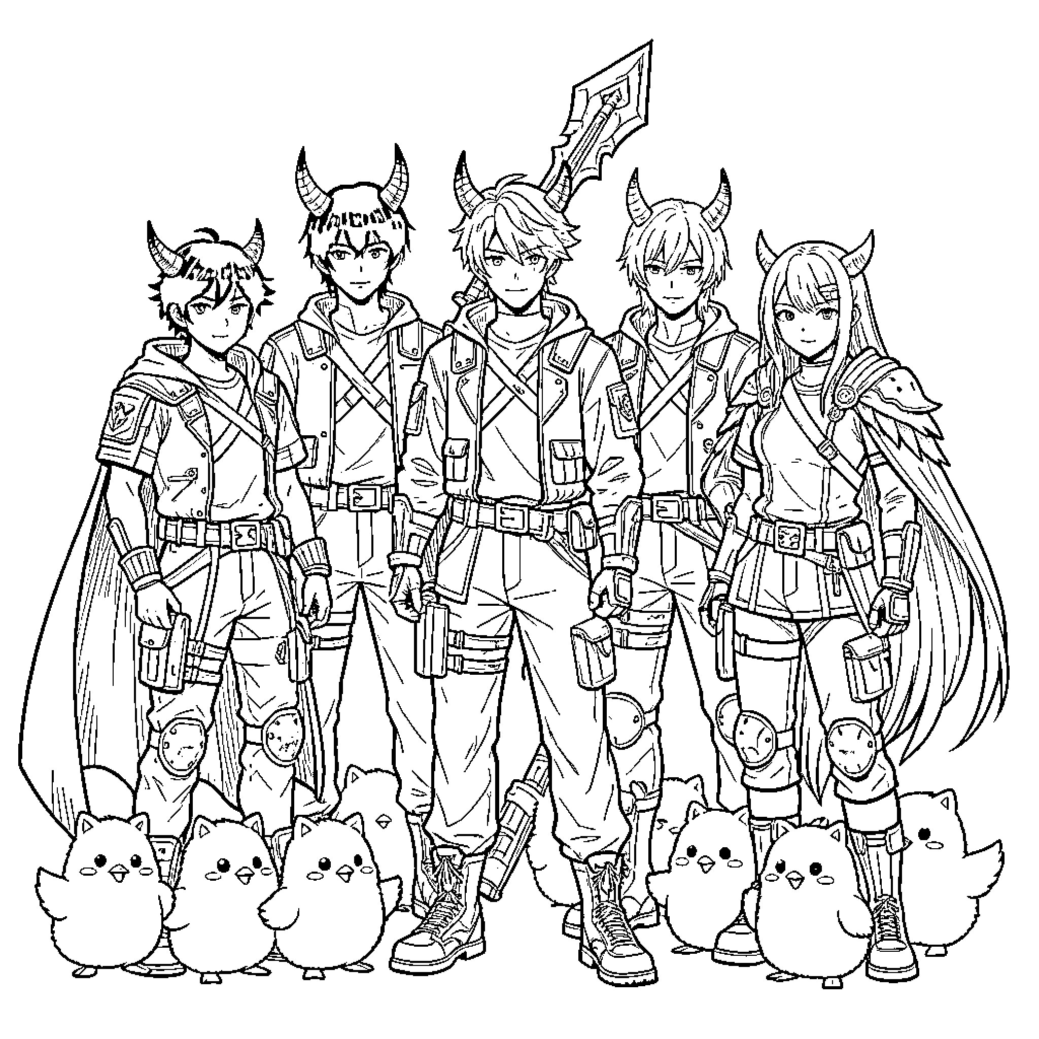 Kpop Demon Hunter group posing with fantasy weapons and small creatures Coloring Page (free black-and-white line drawing printable PDF for all, from beginners to advanced learners, including children, teens, adults, and seniors)