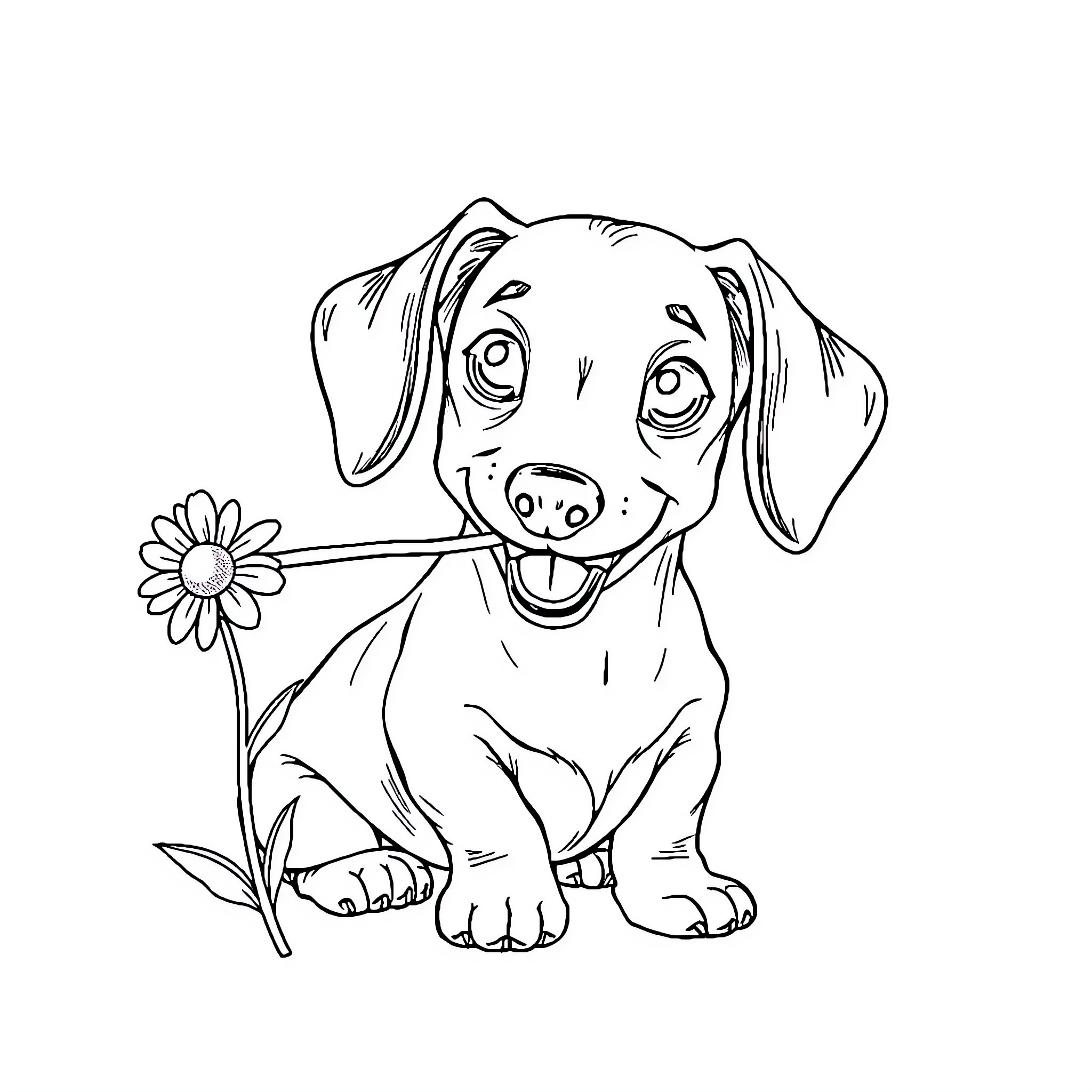 Dachshund happily holding a flower in its mouth Coloring Page (free black-and-white line drawing printable PDF for all, from beginners to advanced learners, including children, teens, adults, and seniors)