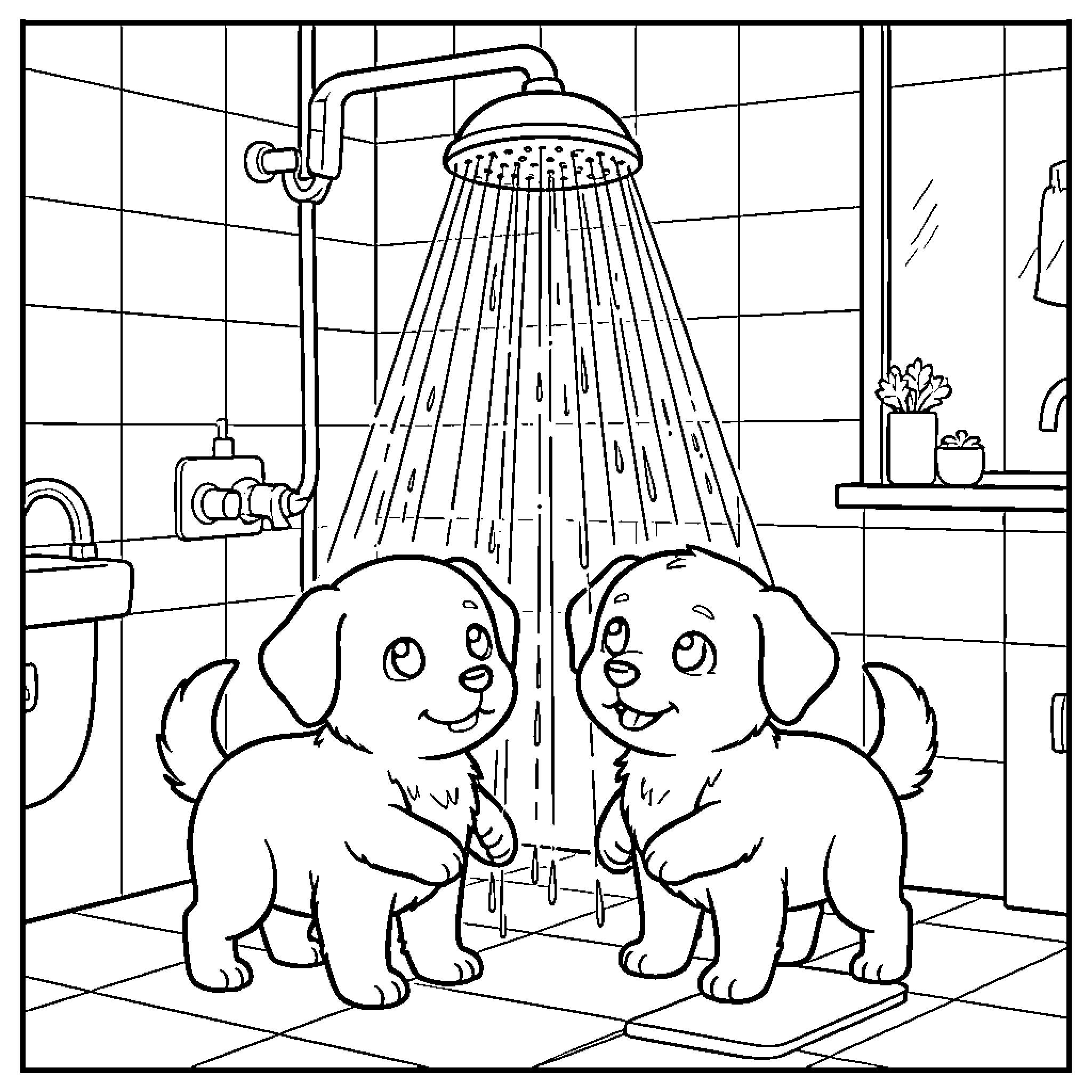 Dog puppies standing joyfully under a shower head Coloring Page (free black-and-white line drawing printable PDF for all, from beginners to advanced learners, including children, teens, adults, and seniors)