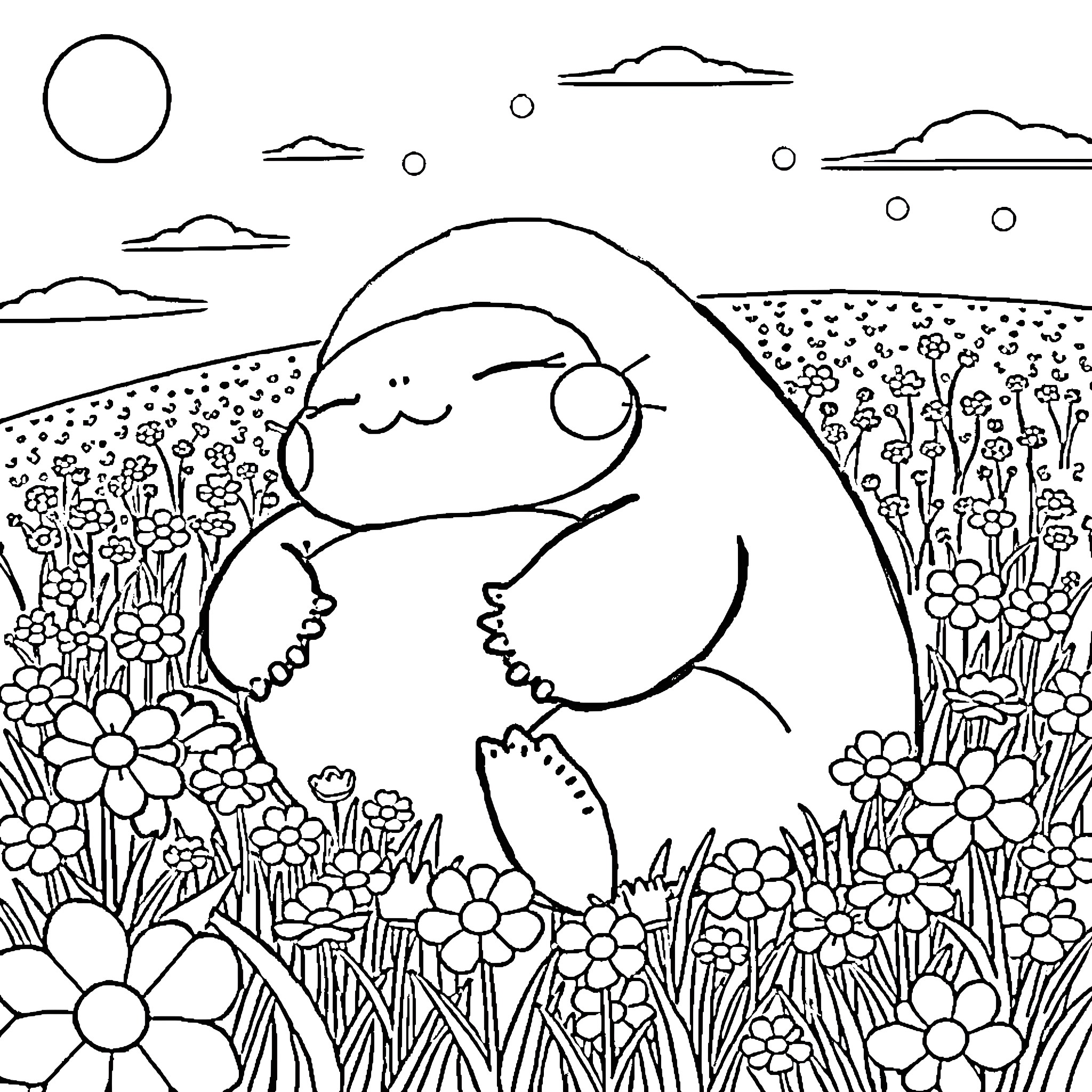 Snorlax resting peacefully in a floral meadow Coloring Page (free black-and-white line drawing printable PDF for all, from beginners to advanced learners, including children, teens, adults, and seniors)