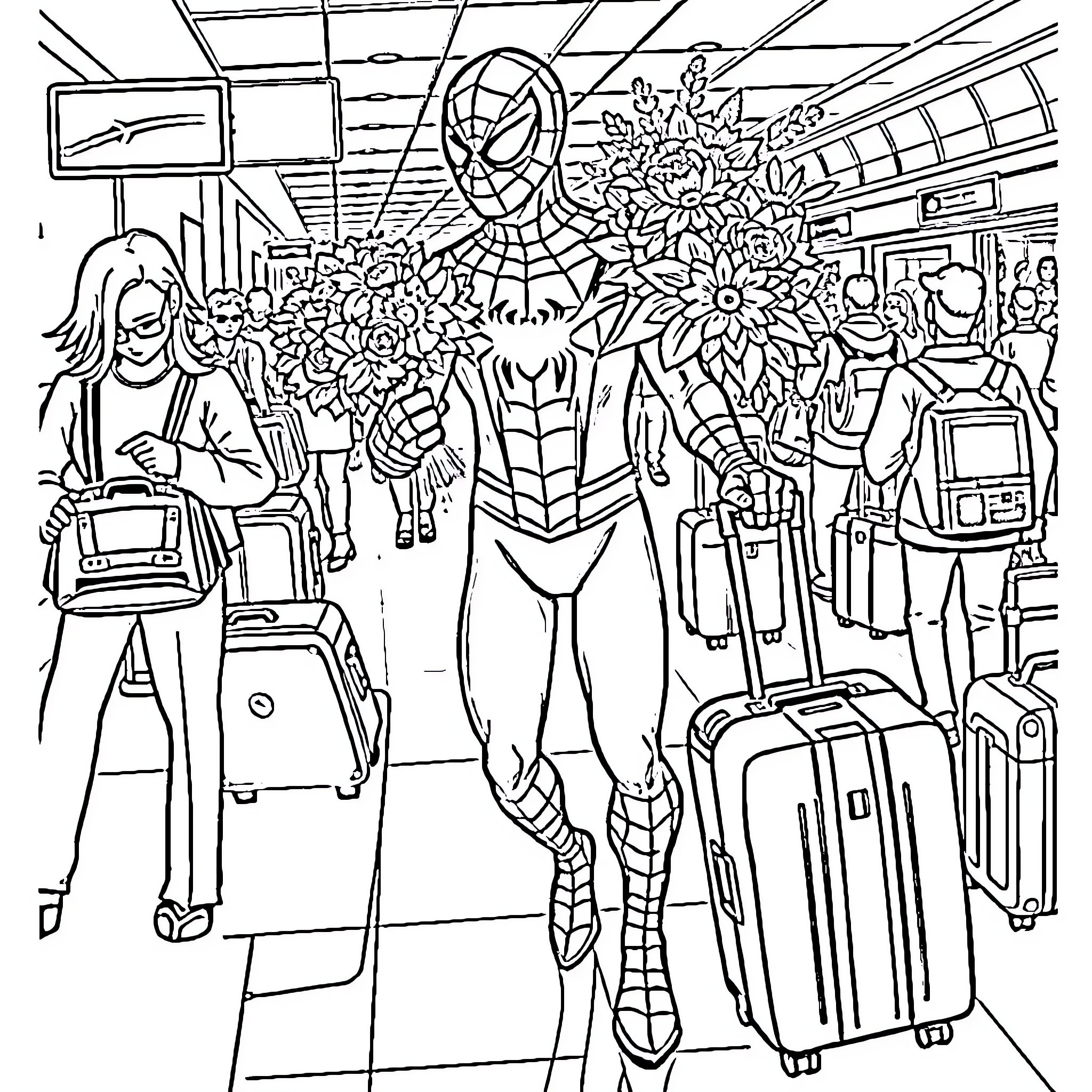 Spiderman swinging through a crowded airport terminal Coloring Page (free black-and-white line drawing printable PDF for all, from beginners to advanced learners, including children, teens, adults, and seniors)