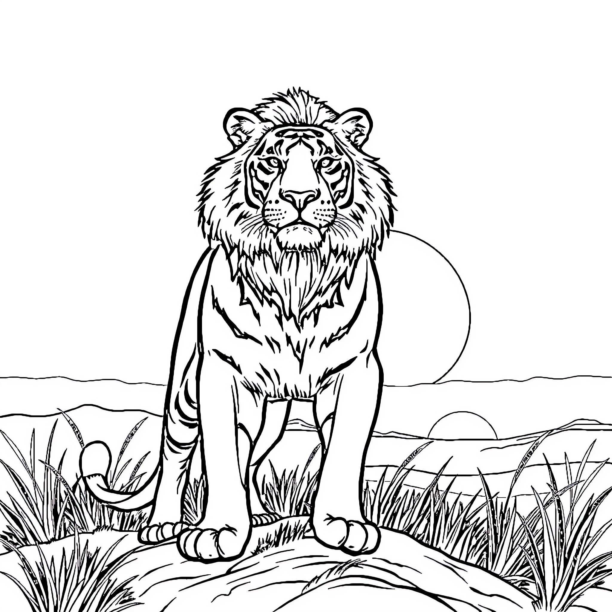 Cat with Majestic Mane in Wilderness Coloring Page (free black-and-white line drawing printable PDF for all, from beginners to advanced learners, including children, teens, adults, and seniors)