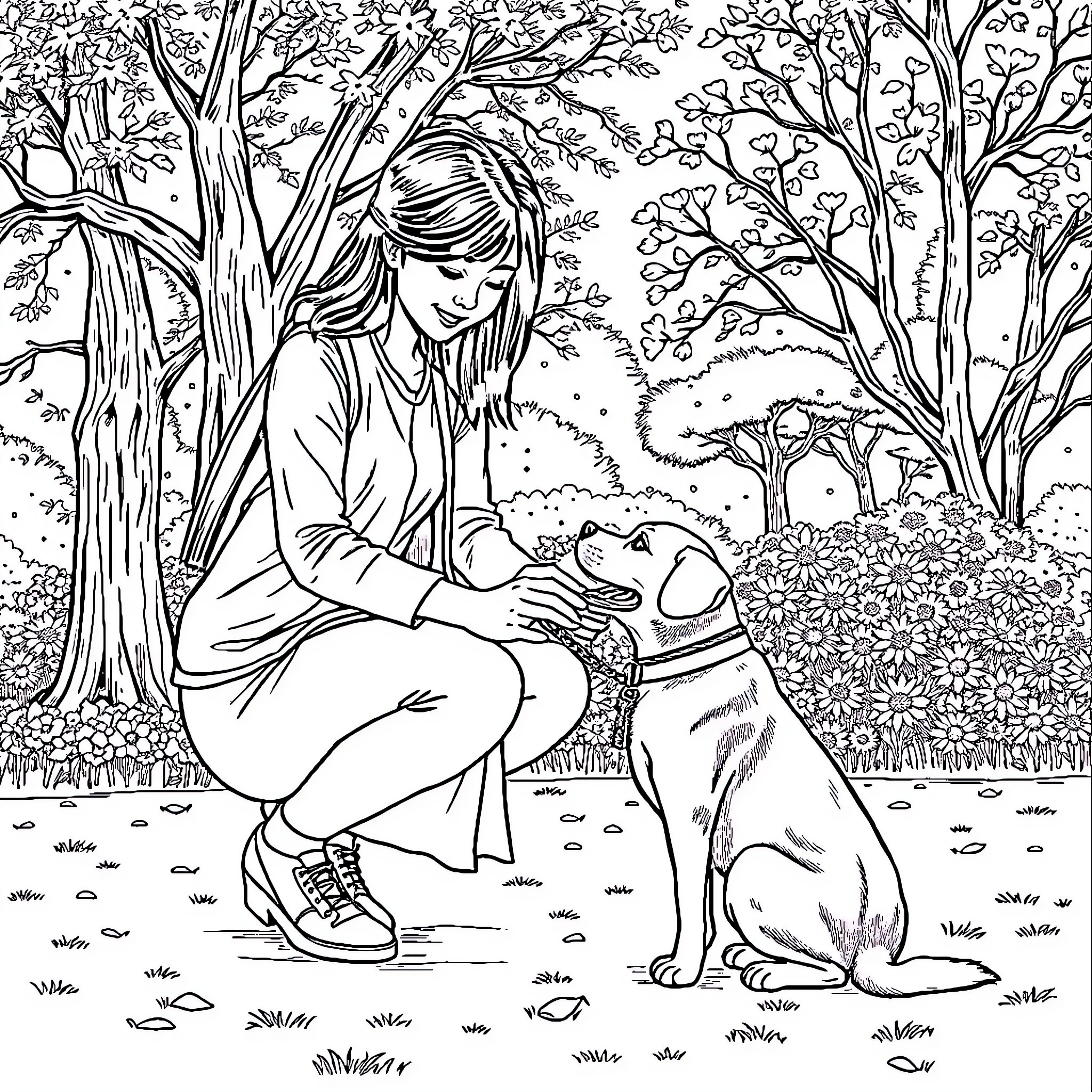 Woman sitting in the forest with her dog Coloring Page (free black-and-white line drawing printable PDF for all, from beginners to advanced learners, including children, teens, adults, and seniors)