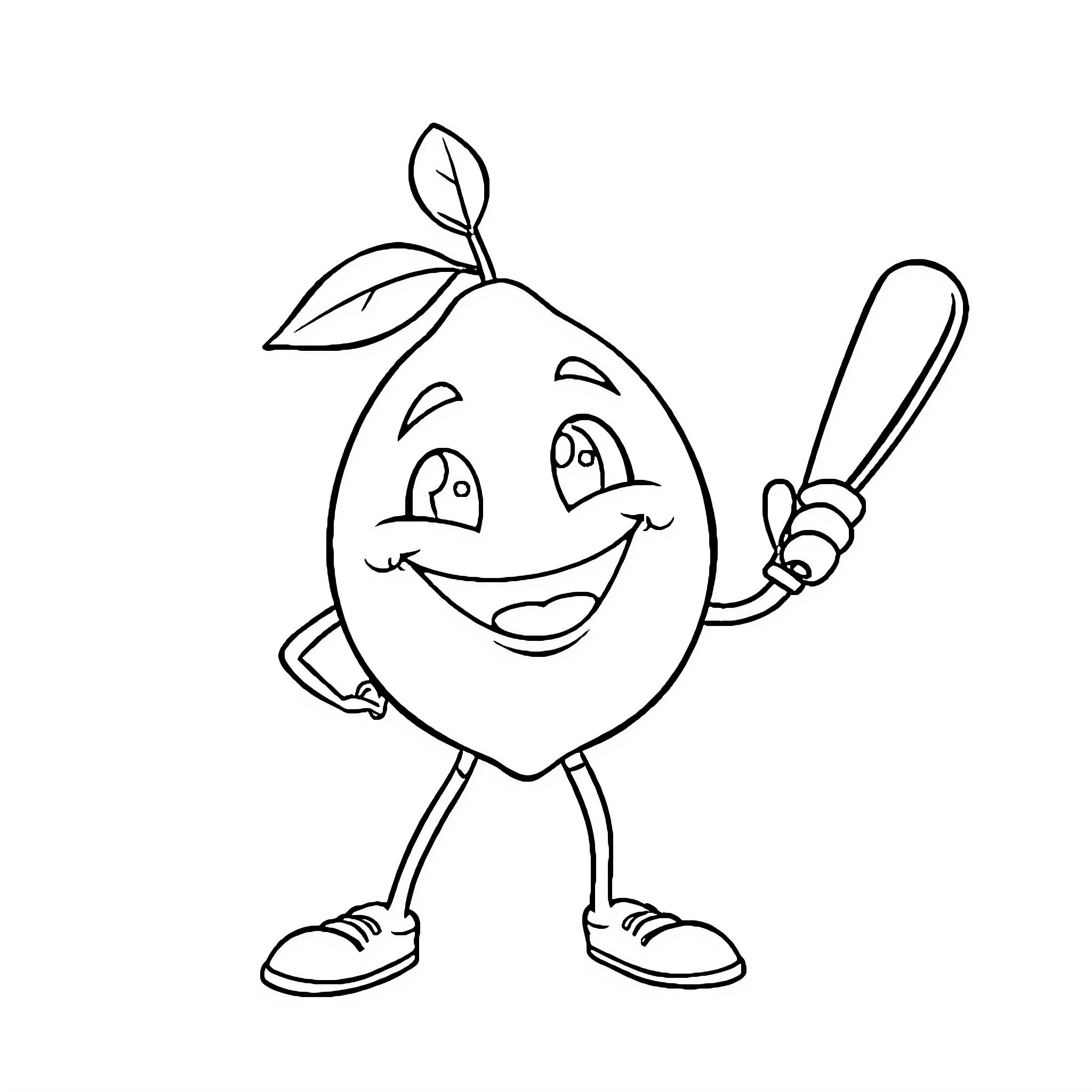 Lemon character playing with a bat Coloring Page (free black-and-white line drawing printable PDF for all, from beginners to advanced learners, including children, teens, adults, and seniors)