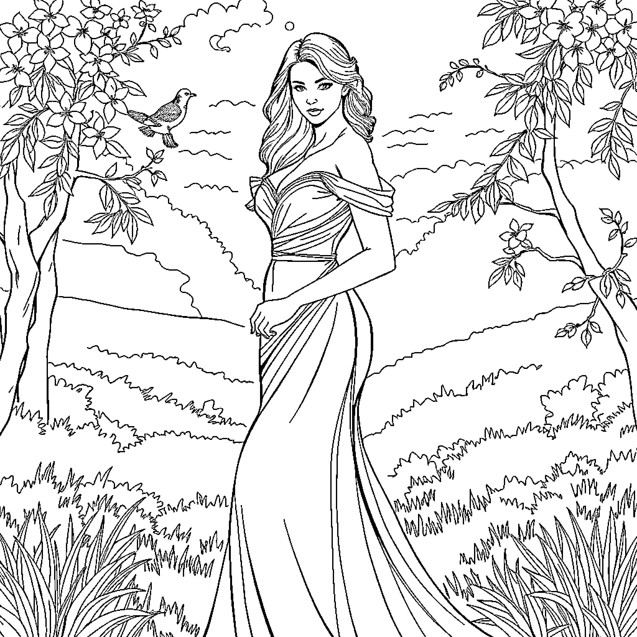 Wife in Elegant Dress Amid Floral Landscape Coloring Page (free black-and-white line drawing printable PDF for all, from beginners to advanced learners, including children, teens, adults, and seniors)