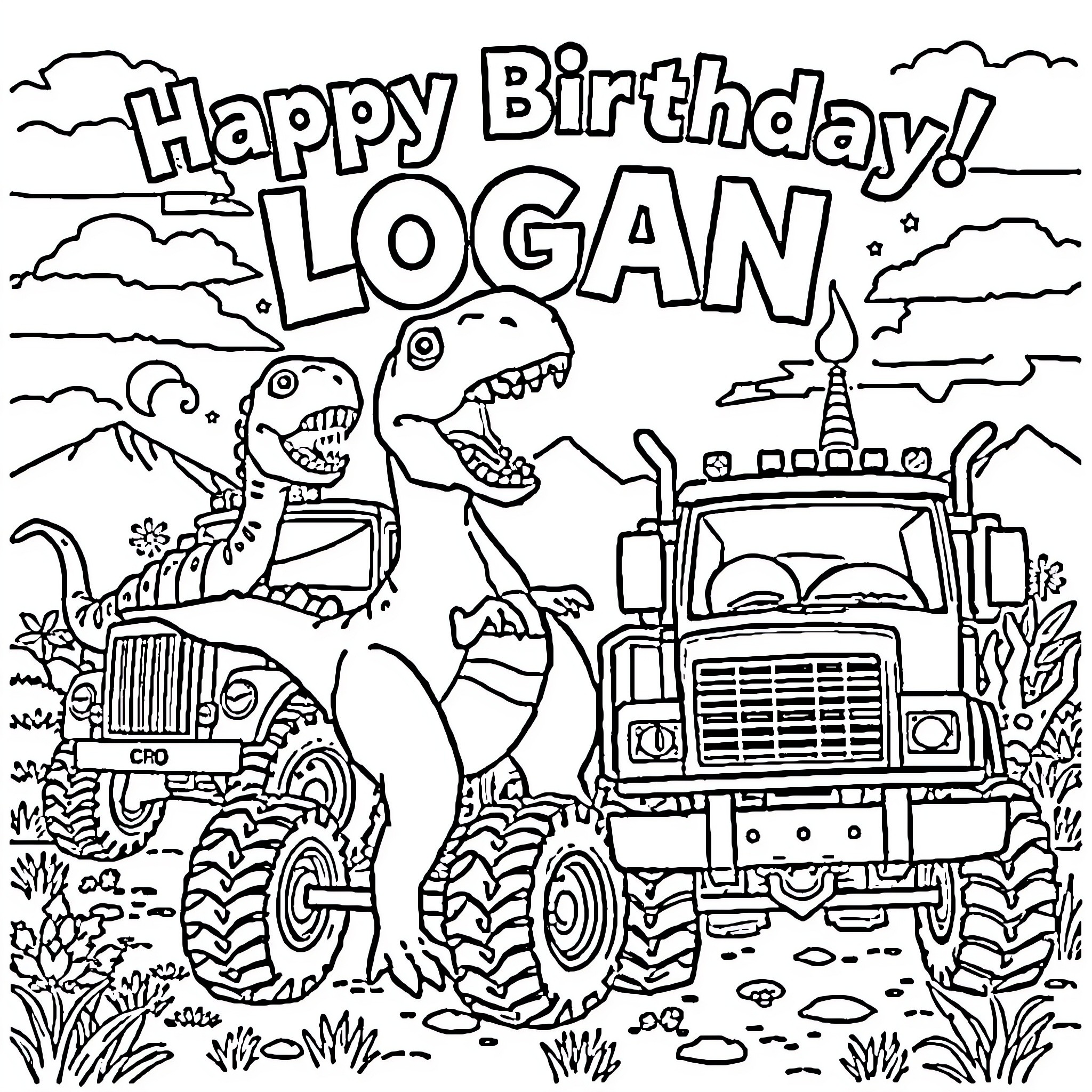 Dinosaur riding on a large tractor truck for a happy birthday Coloring Page (free black-and-white line drawing printable PDF for all, from beginners to advanced learners, including children, teens, adults, and seniors)