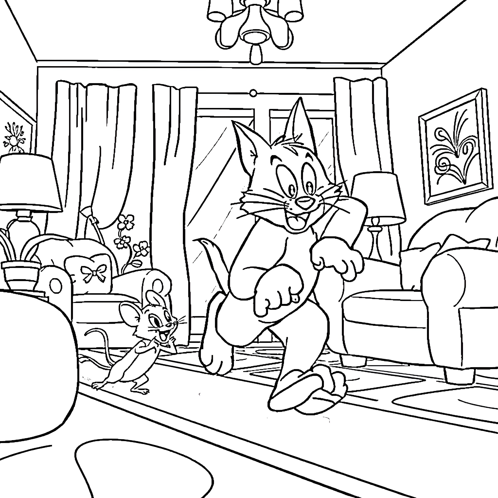 Tom and Jerry Playful Antics in the Living Room Coloring Page (free black-and-white line drawing printable PDF for all, from beginners to advanced learners, including children, teens, adults, and seniors)