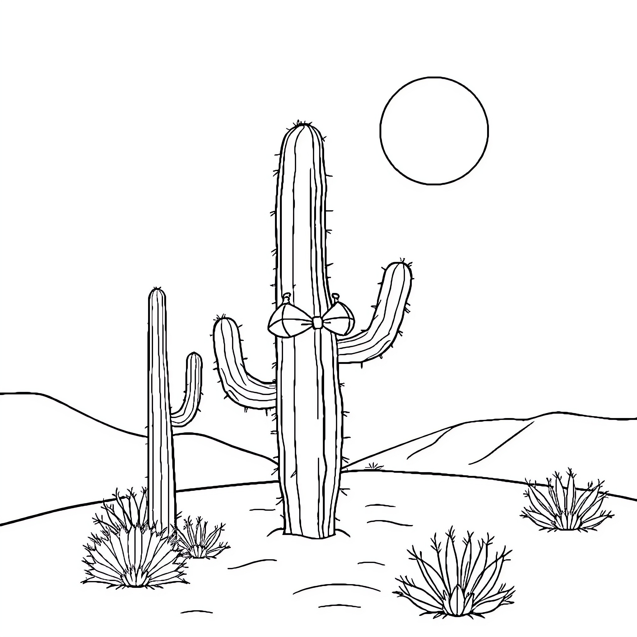 Cactus in the desert under the moon Coloring Page (free black-and-white line drawing printable PDF for all, from beginners to advanced learners, including children, teens, adults, and seniors)