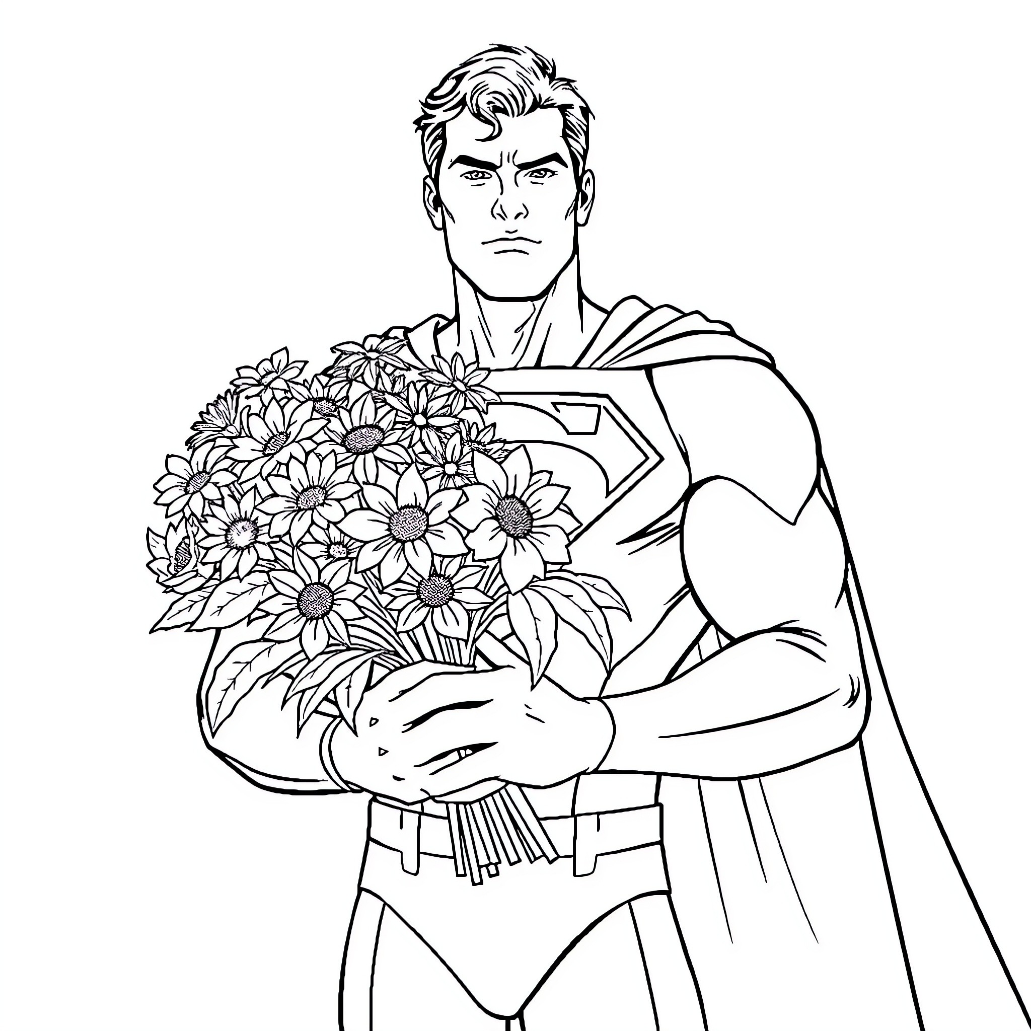 Superman Delivers a Bouquet of Flowers Coloring Page (free black-and-white line drawing printable PDF for all, from beginners to advanced learners, including children, teens, adults, and seniors)