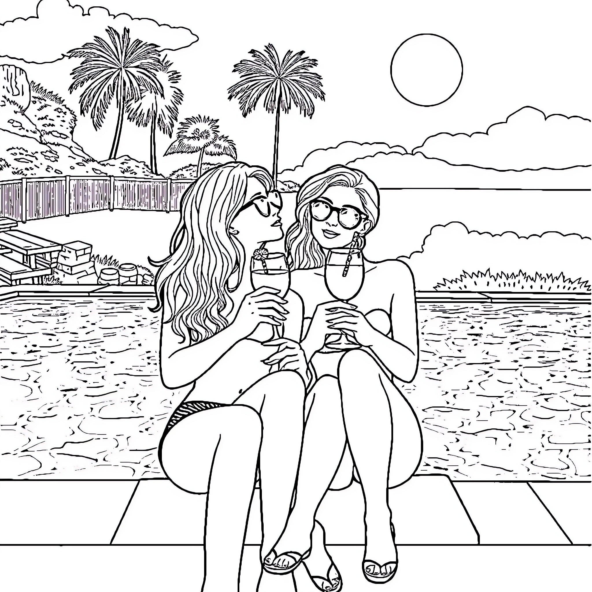 Girlfriend's Relaxing Beach Day Coloring Page (free black-and-white line drawing printable PDF for all, from beginners to advanced learners, including children, teens, adults, and seniors)
